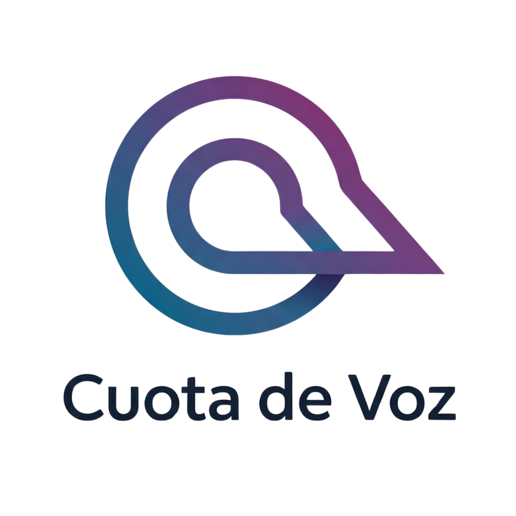 Logotipo de Cuota de Voz con un ícono de volumen en forma de ciclo con una flecha apuntando hacia afuera, en tonos azules y morados.