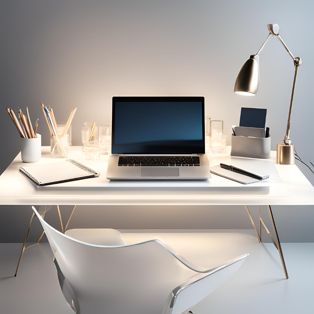 Escritorio moderno con computadora portátil, lámpara de escritorio, cuadernos, bolígrafo, vasos con papeles y lápices, y una silla blanca.