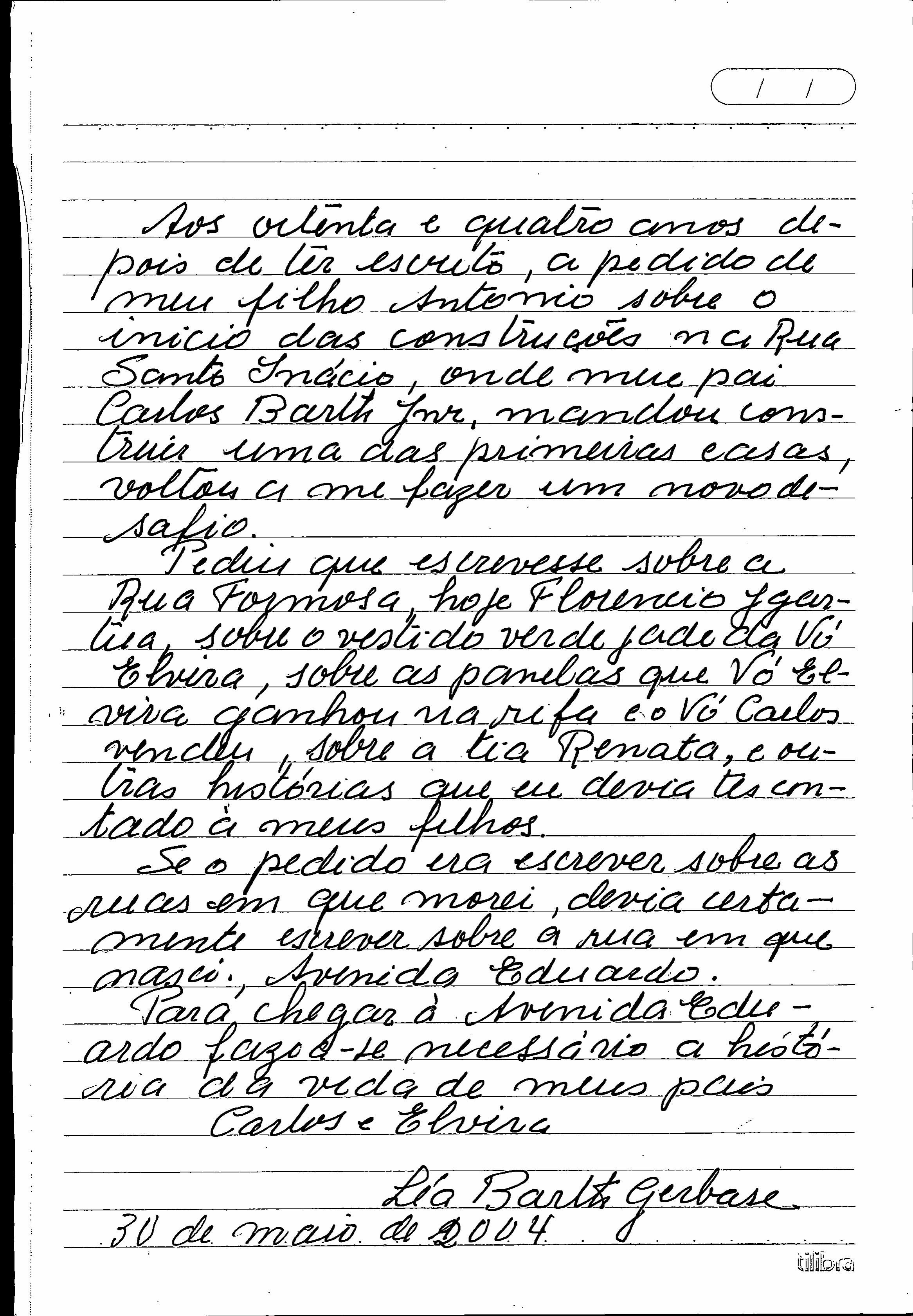 Primeira página do relato sobre a família por Lea Barth Gerbase