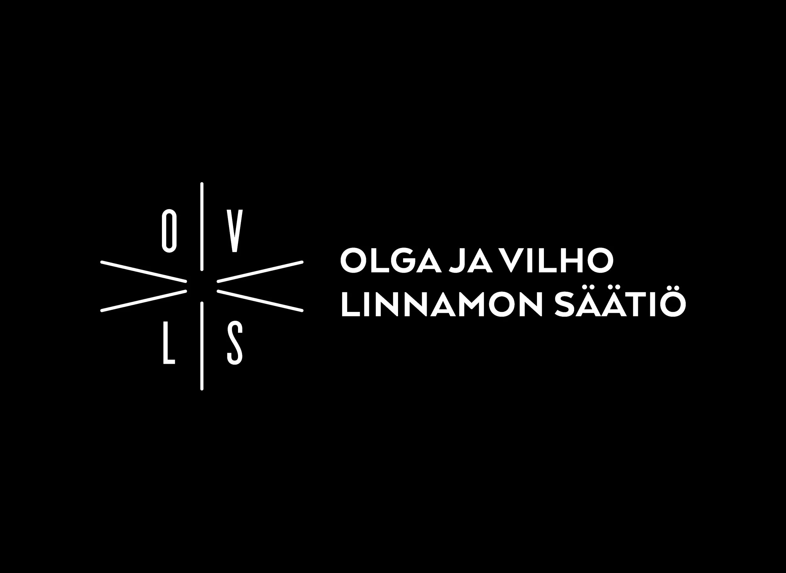 Logo with a black background featuring white text. On the right, it reads OLGA JA VILHO LINNAMON SÄÄTIÖ. On the left, letters O, V, L, and S are arranged around a central line, forming a star shape or a Cartesian coordinate system in three-dimensiona