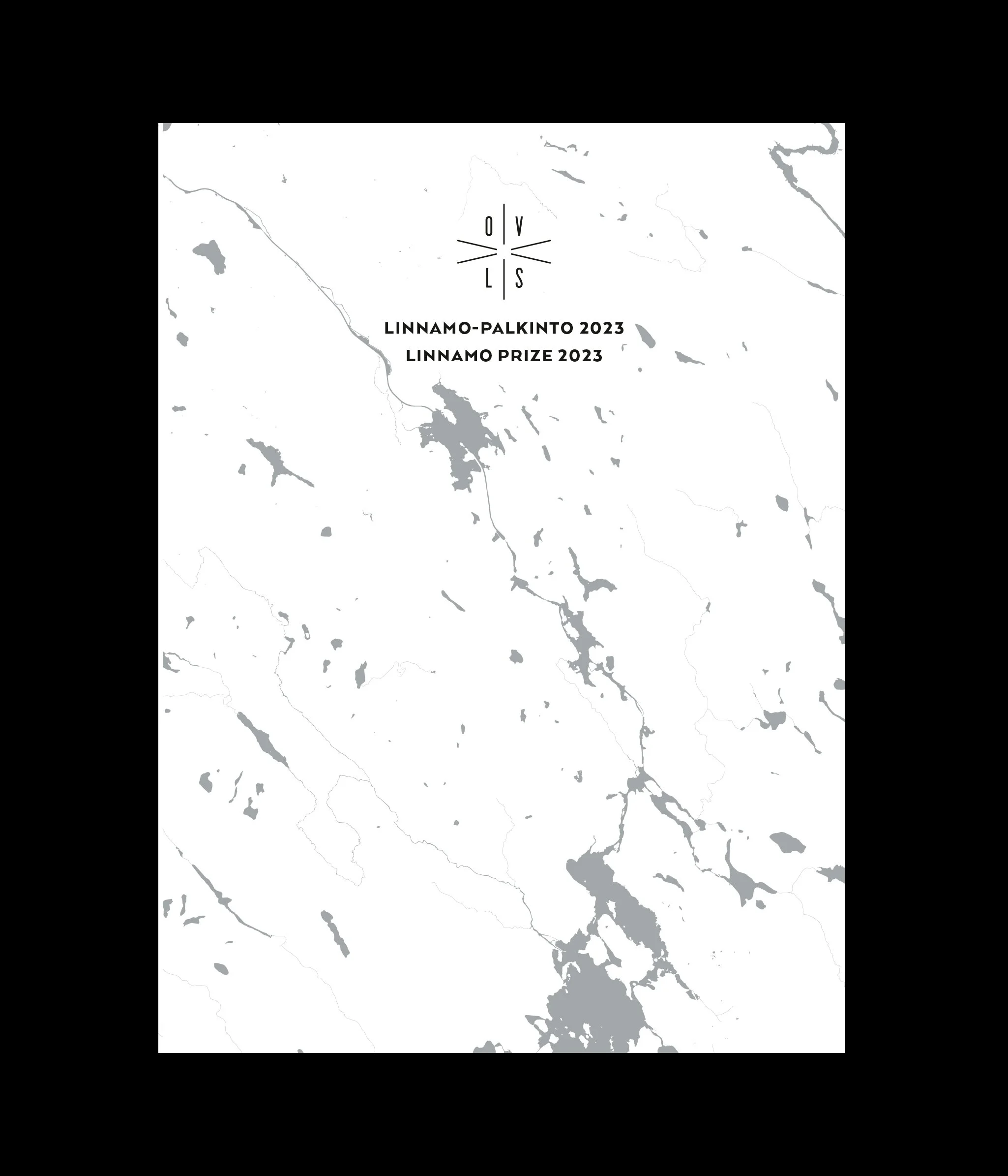 Stylized map illustration with gray and white. Text at the top reads: Linnamo-palkinto 2023 Linnamo Prize 2023. An artistic logo is centered above the text.