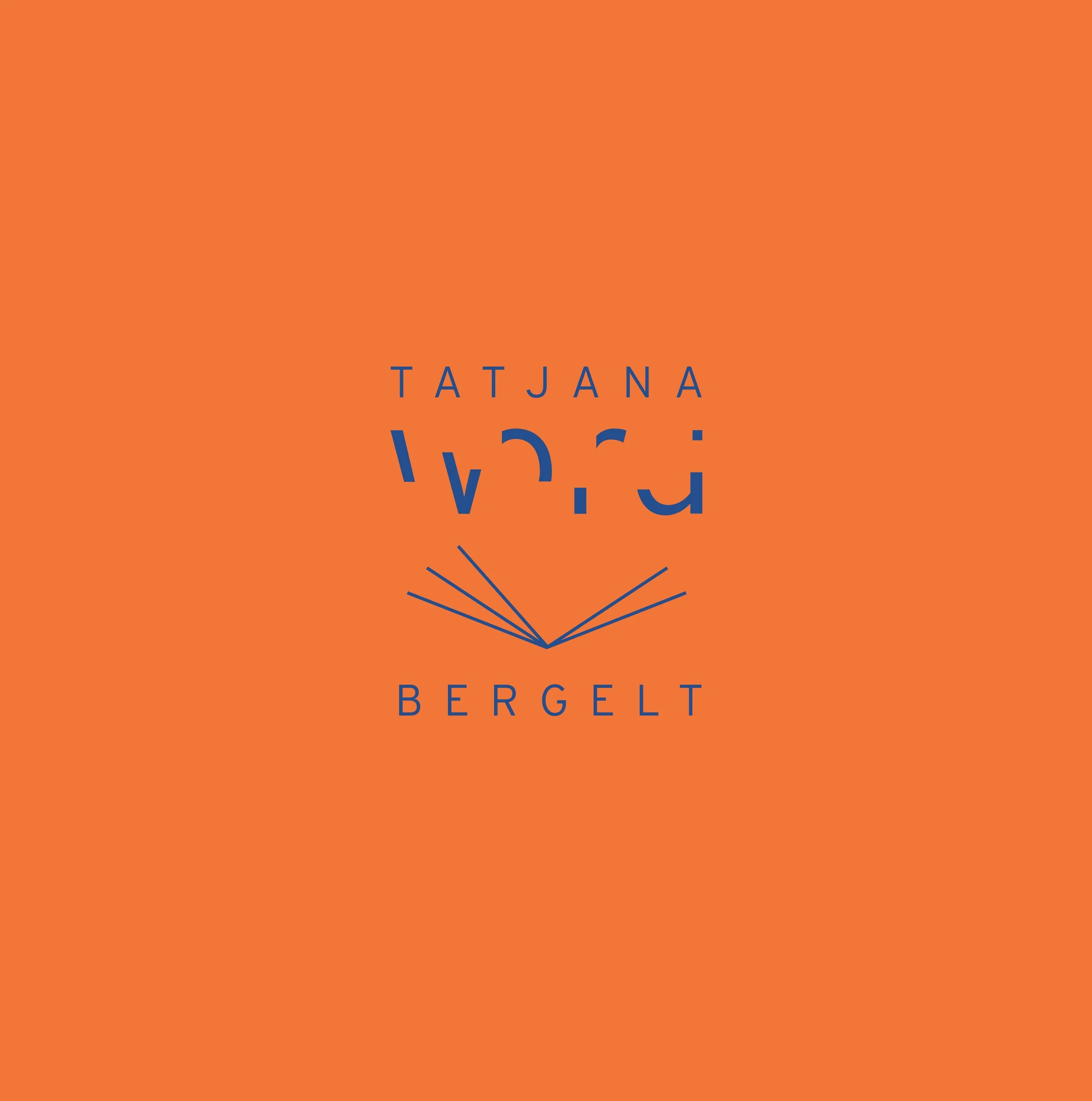 Orange background with a minimalist logo design for artist Tatjana Bergelt. The text TATJANA BERGELT is written in blue, with the word WORD creatively broken into pieces above an open book.