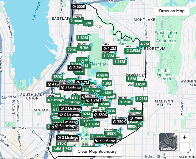 Map of Seattle real estate listings, showing various properties' prices and statuses, with neighborhoods like South Lake Union, Cascade, and Madison Valley.