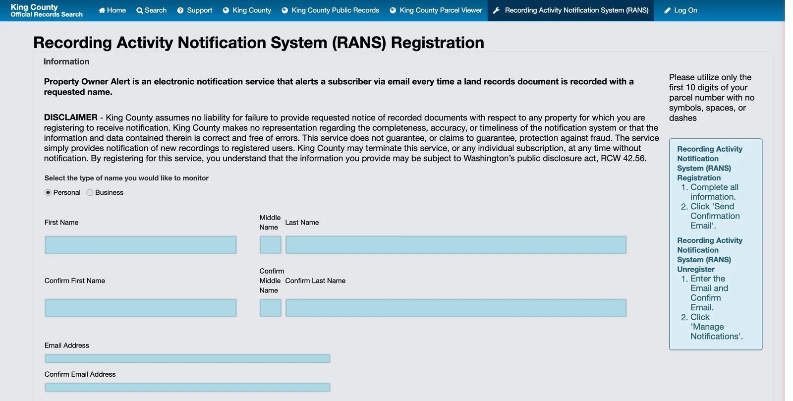 King County Recording Activity Notification System (RANS) registration form