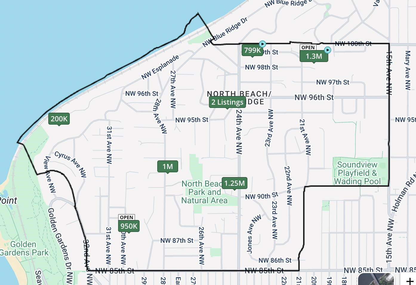 Map showing real estate listings and prices in North Beach/Edgewater, with colored markers indicating property prices, including $200K, $950K, $1M, $1.25M, $799K, and $1.3M, surrounded by streets and parks.