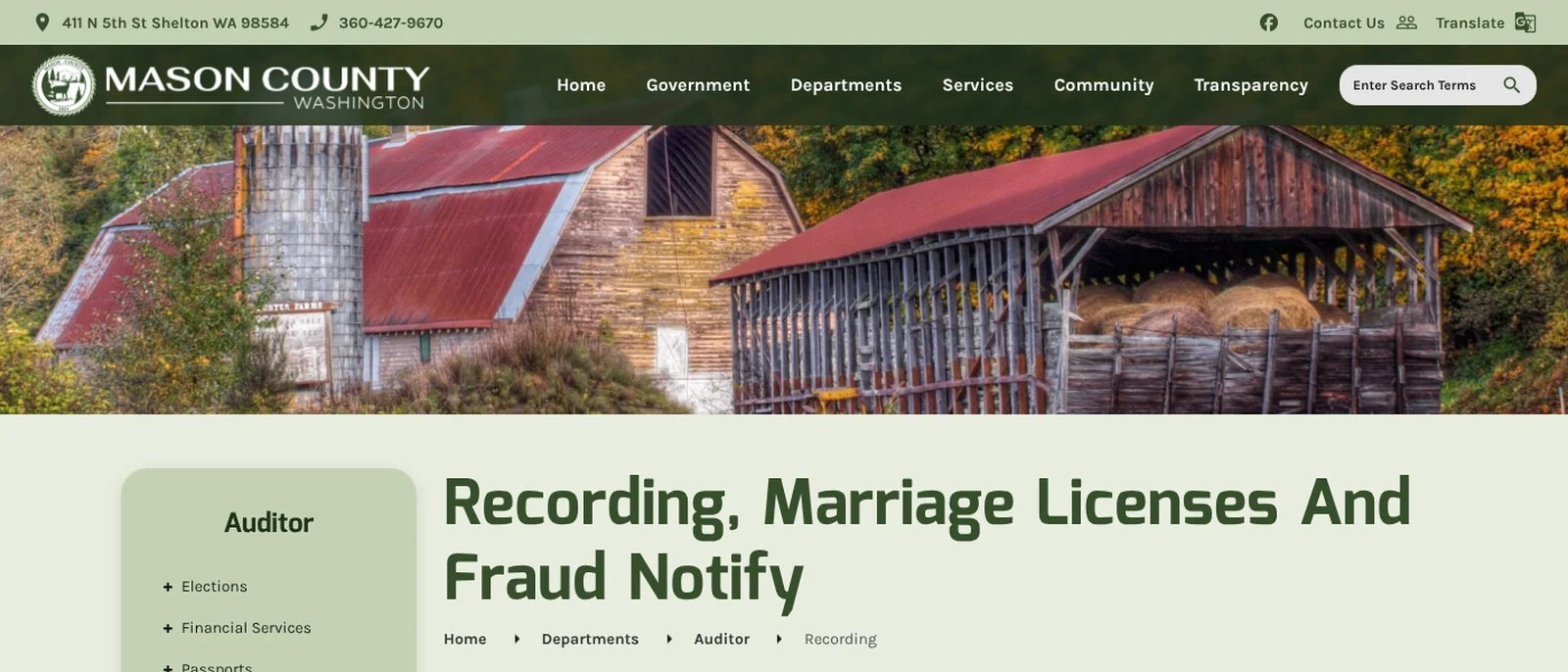 Mason County Auditor Recording and Fraud Notify web page
