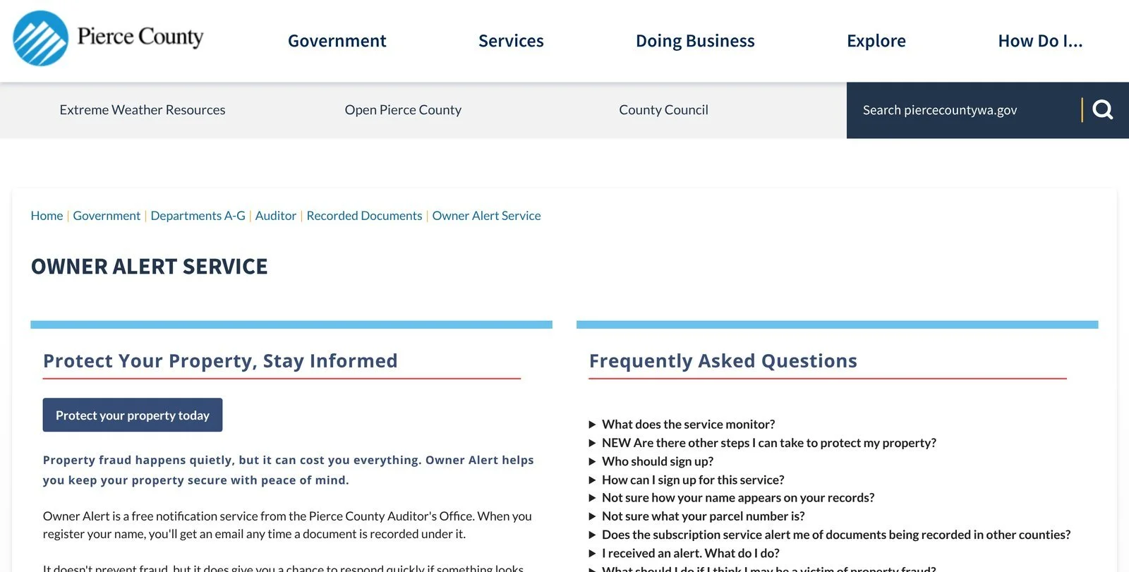 Pierce County Auditor Owner Alert Service page with sign-up button and FAQ