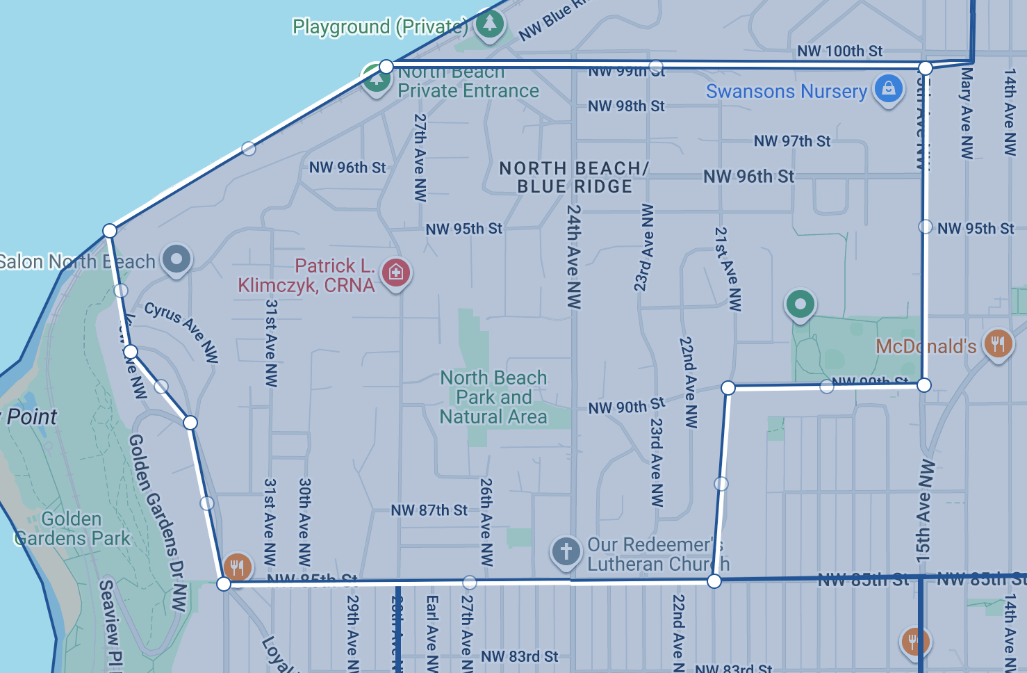 Map of North Beach, Florida, showing streets, parks, private entrances, and points of interest including North Beach Private Entrance, North Beach Park, McDonald's, and Our Redeemer Lutheran Church.