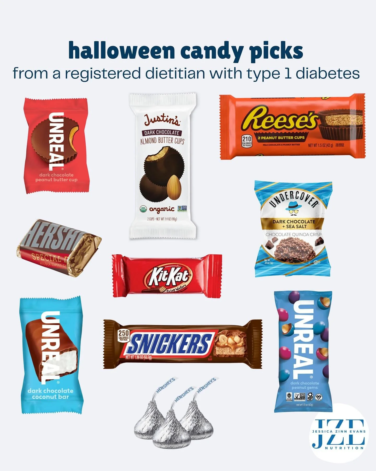 Happy Halloween🎃💀
Everyone (including people with diabetes) can enjoy candy on Halloween! Here are some of my favorite options and some tips:

🧡choose candy that has fat in it or pair it with another fat source- such as peanut butter cups or peanu