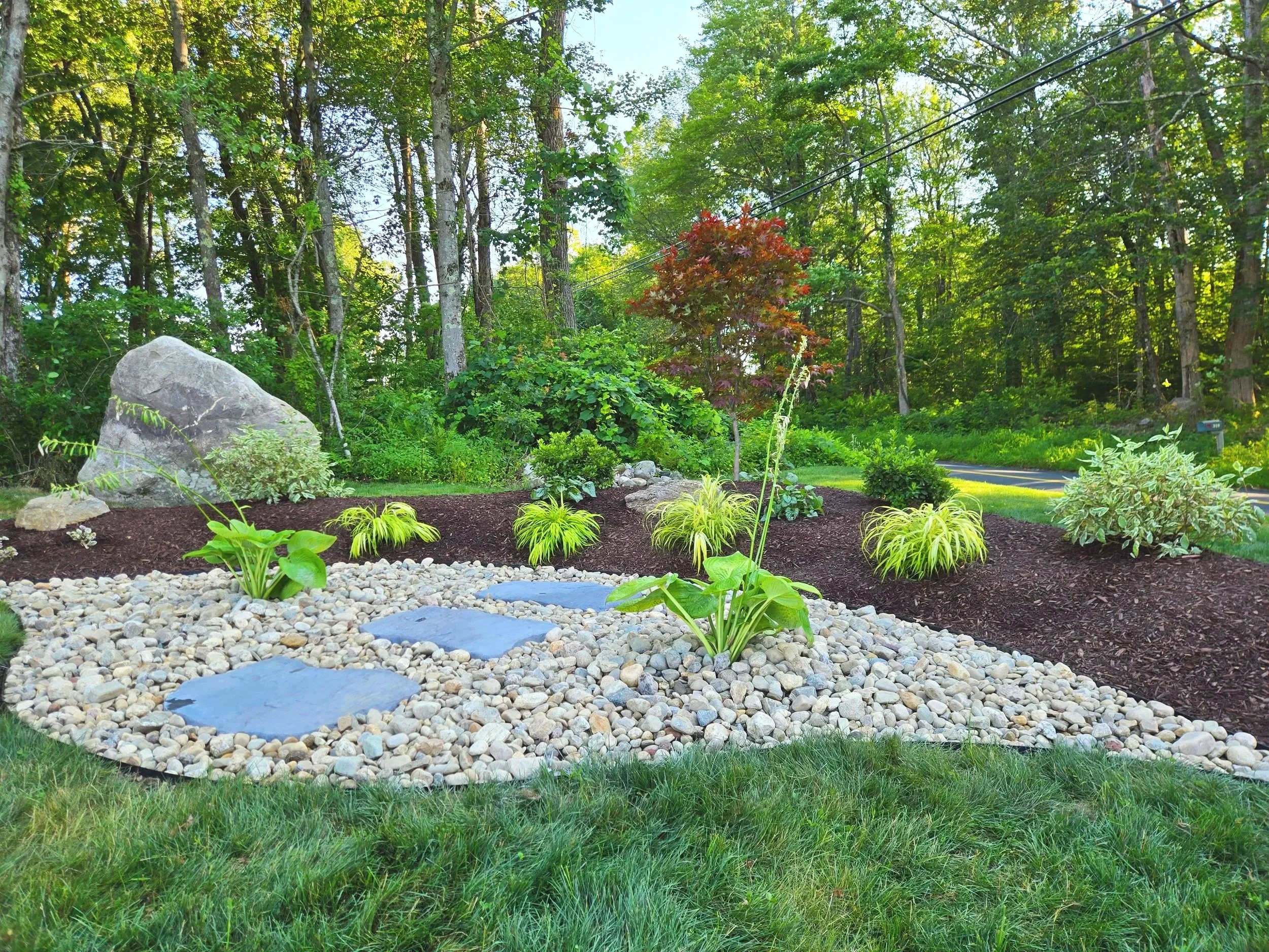 Installed garden bed with rocks, stepping stones, small shrubs, and taller trees in the background.  Landscape consultation, design, installs in Danbury CT and surrounding CT/NY counties such as Fairfield, Hartford, New Haven, Westchester, Putnam.