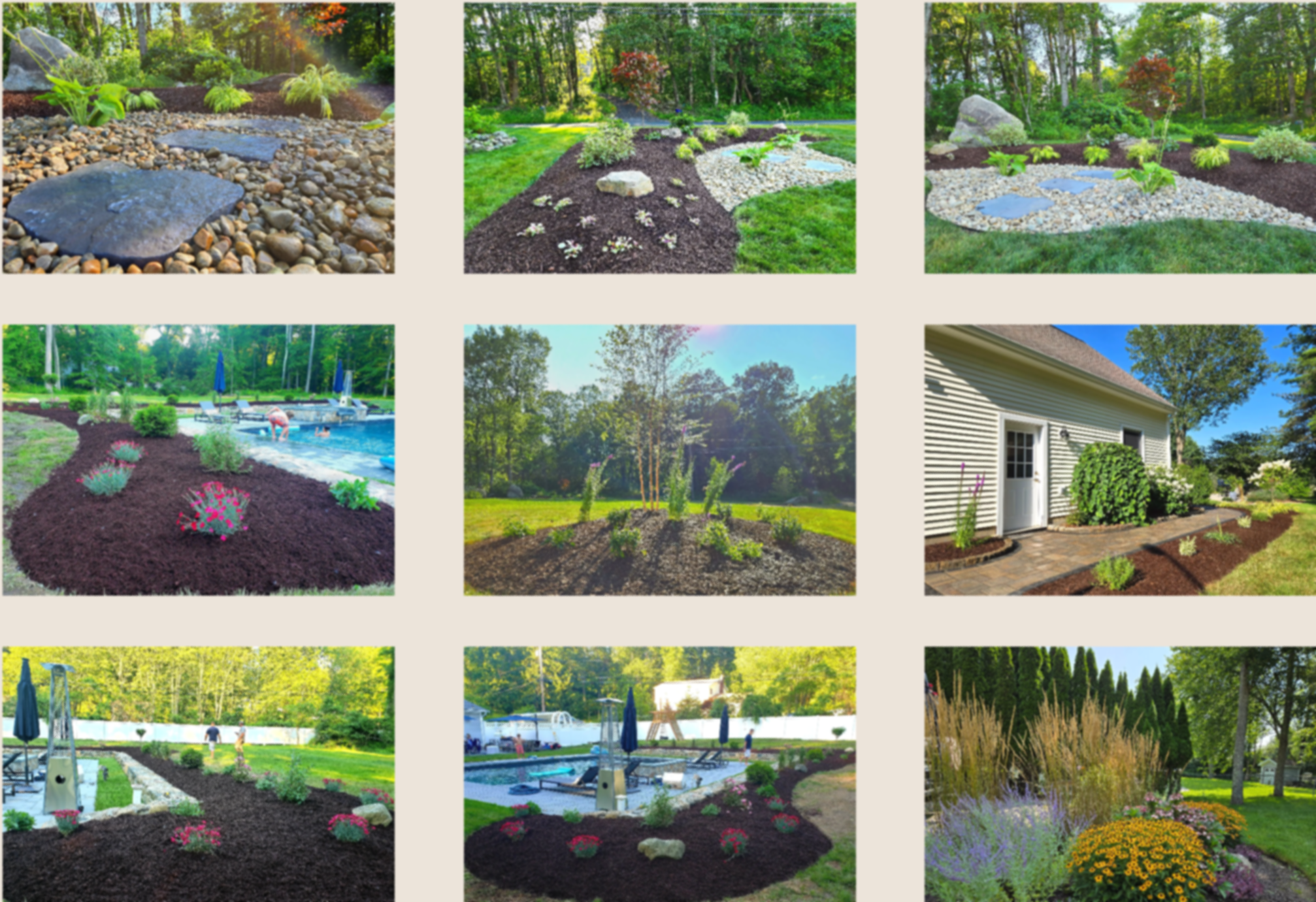 A collage of nine images showcasing various landscaped backyard gardens, including rock gardens, mulched flower beds, a swimming pool with garden beds, and a white house with garden borders, with lush green trees and lawns.  Landscape design.