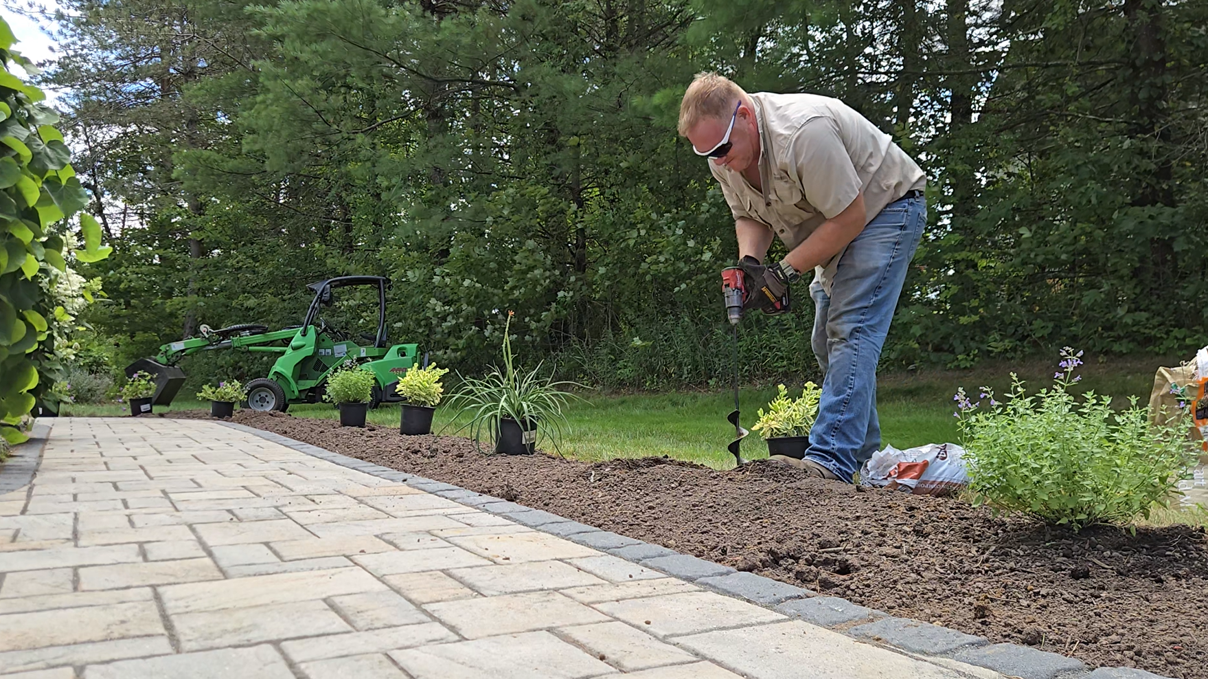 Early Dawn Landscapes professional man installing a garden, planting flowers along a brick pathway in a backyard with trees and a green lawn. In Danbury CT and surrounding CT/NY counties such as Fairfield, Hartford, New Haven, Westchester, Putnam.