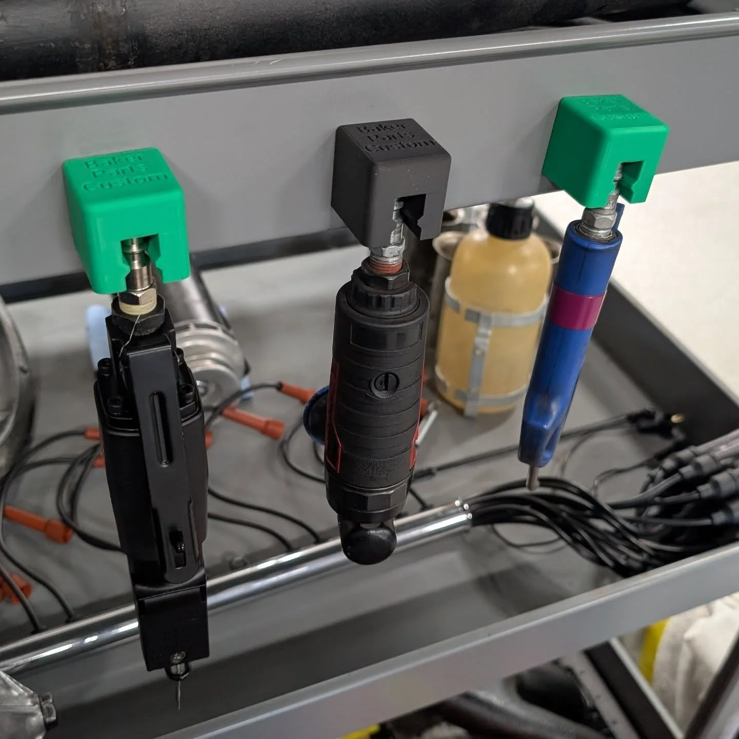 Magnetic air tool holders for medium and lightweight air tools. Keeps your tools right where you need them instead of having to dig around in cluttered toolbox drawers. Available on my site in a pack of 6.