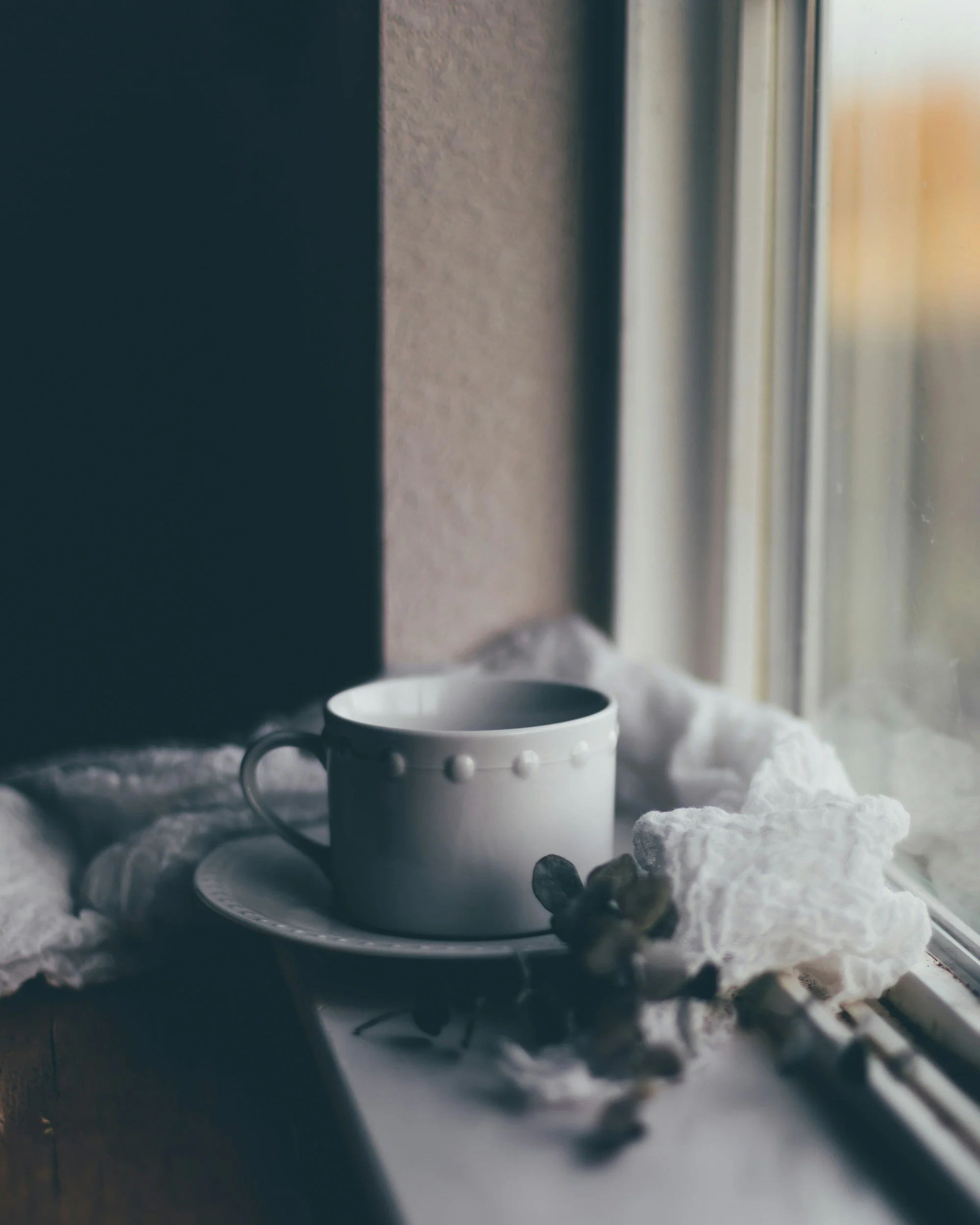 A white ceramic cup sits on a saucer near a window with white curtains, with soft natural light illuminating the scene. The cup has a decorative dot pattern, and there are some dried flowers or leaves nearby on a cloth or napkin.