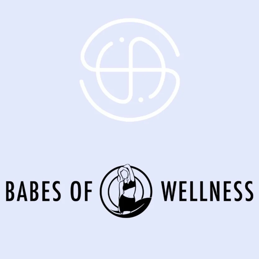 Logo featuring a stylized white monogram on a light blue background and a figure in athletic wear inside a circle with text "Babes of Wellness."