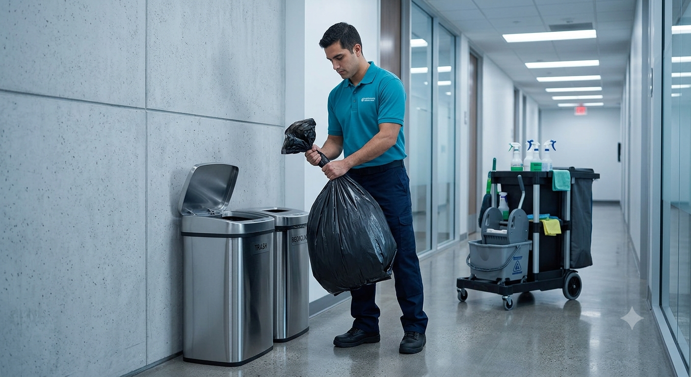 A janitor wearing a blue shirt and dark pants disposing of black trash bag into the trash can in a hallway of a building with cleaning supplies on a cart nearby.