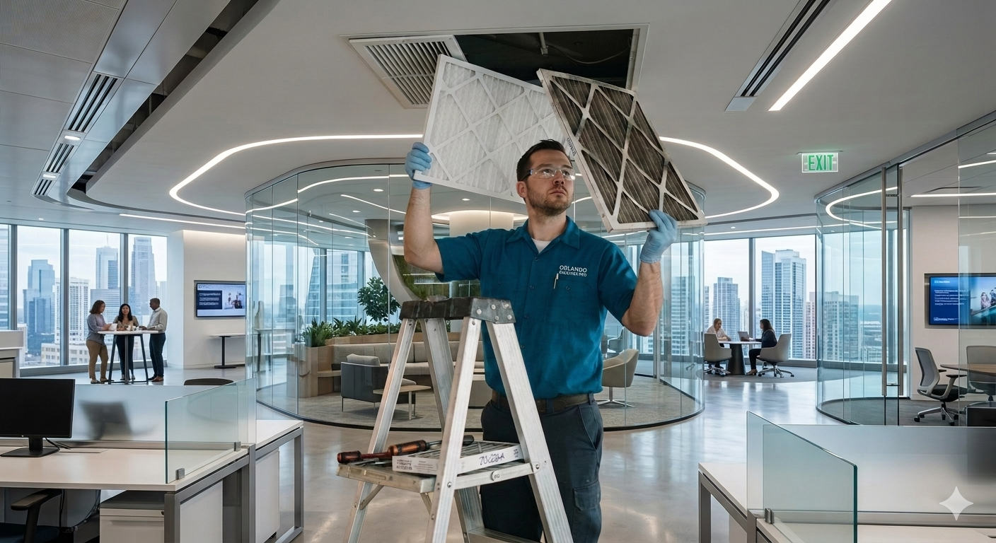 A technician installing or replacing an air filter in a modern office building with large windows and cityscape view.