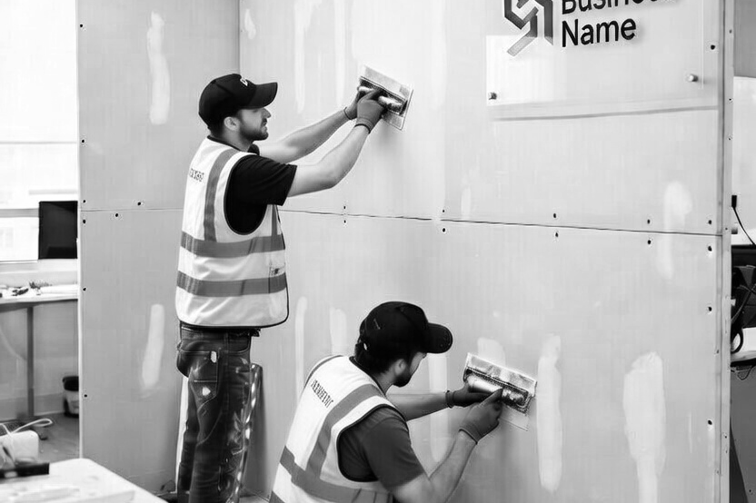 Two construction workers in safety vests and caps installing drywall with hand trowels in an office space, with a partially finished wall and a sign that reads 'Business Name'.