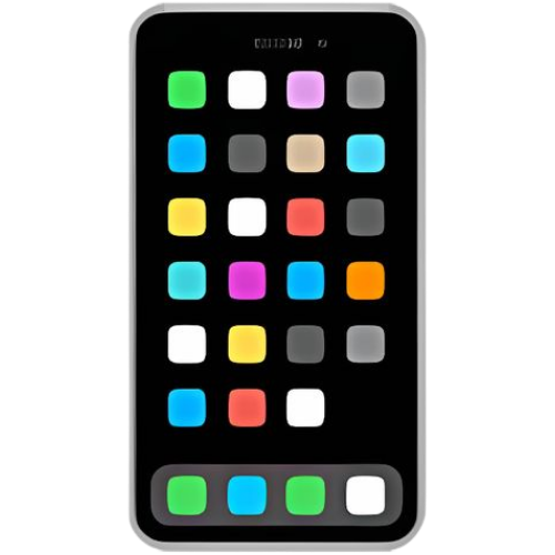 Teléfono inteligente con pantalla llena de iconos de aplicaciones de colores en una pantalla negra.