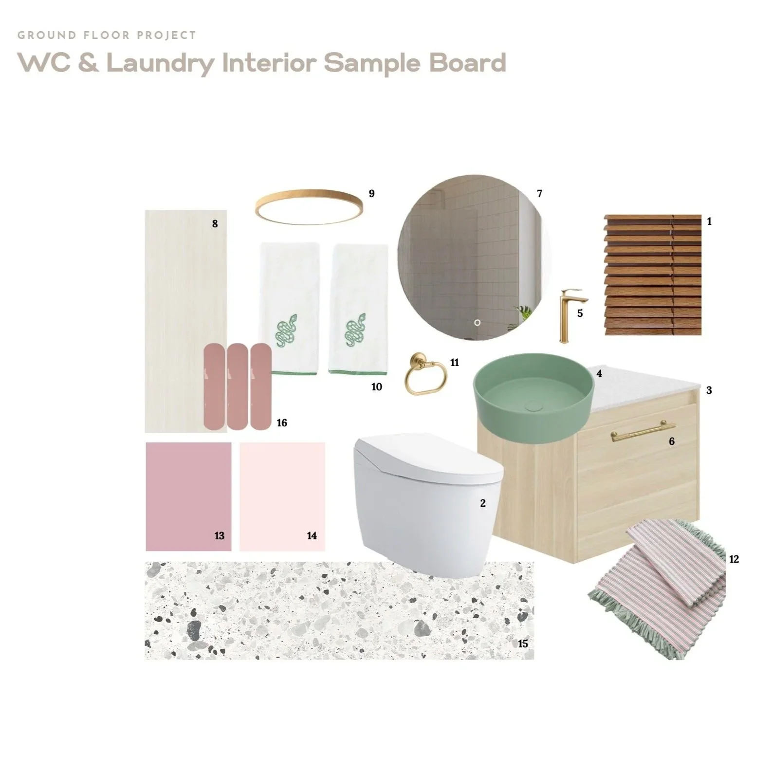 Sample board for a bathroom interior with a toilet, sink, mirror, wooden window blind, gold fixtures, towels, a light wooden cabinet, a terrazzo flooring sample, and color swatches.