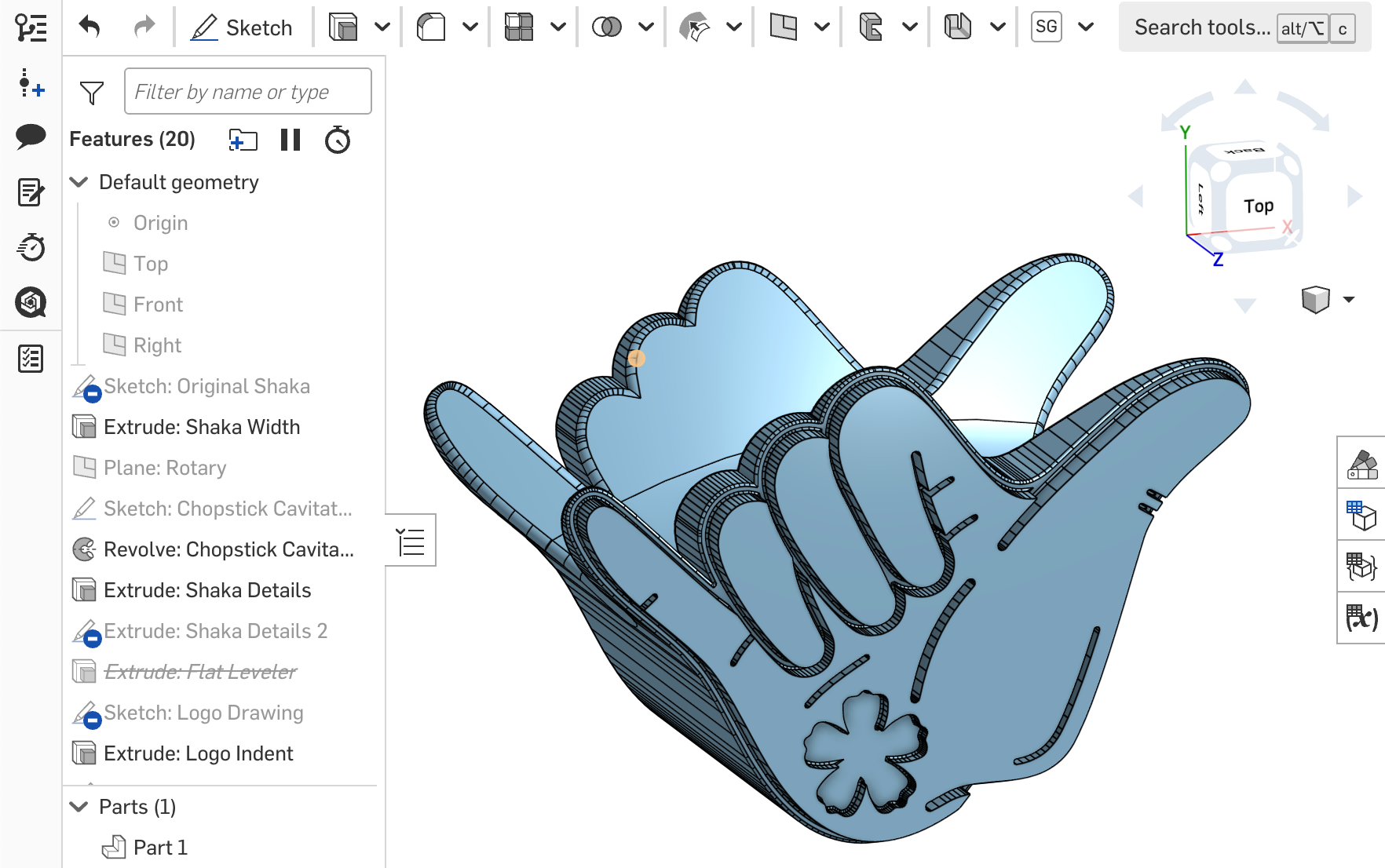 A 3D CAD model of a hand gesture (shaka) design with a cutout in the middle to hold a pair of chopsticks. The model is shown with multiple layers and detailed design features.