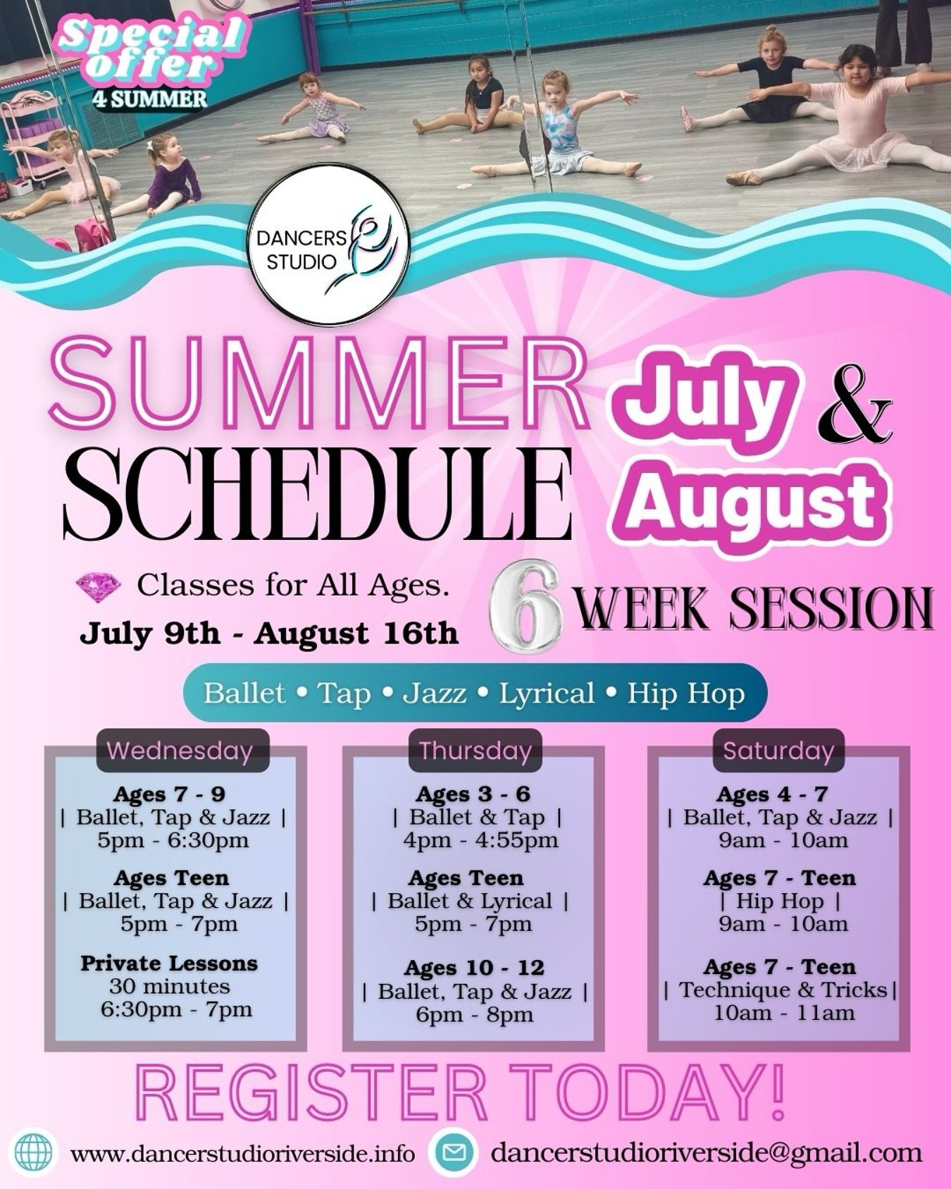DANCERS STUDIO&rsquo;s 2025 summer schedule. Continue your skills with our 6 week summer session. Sign ups are now open, classes for all ages! ☀️🍉🩰

Register online at | www.dancerstudioriverside.info or Dancerstudioriverside@gmail.com