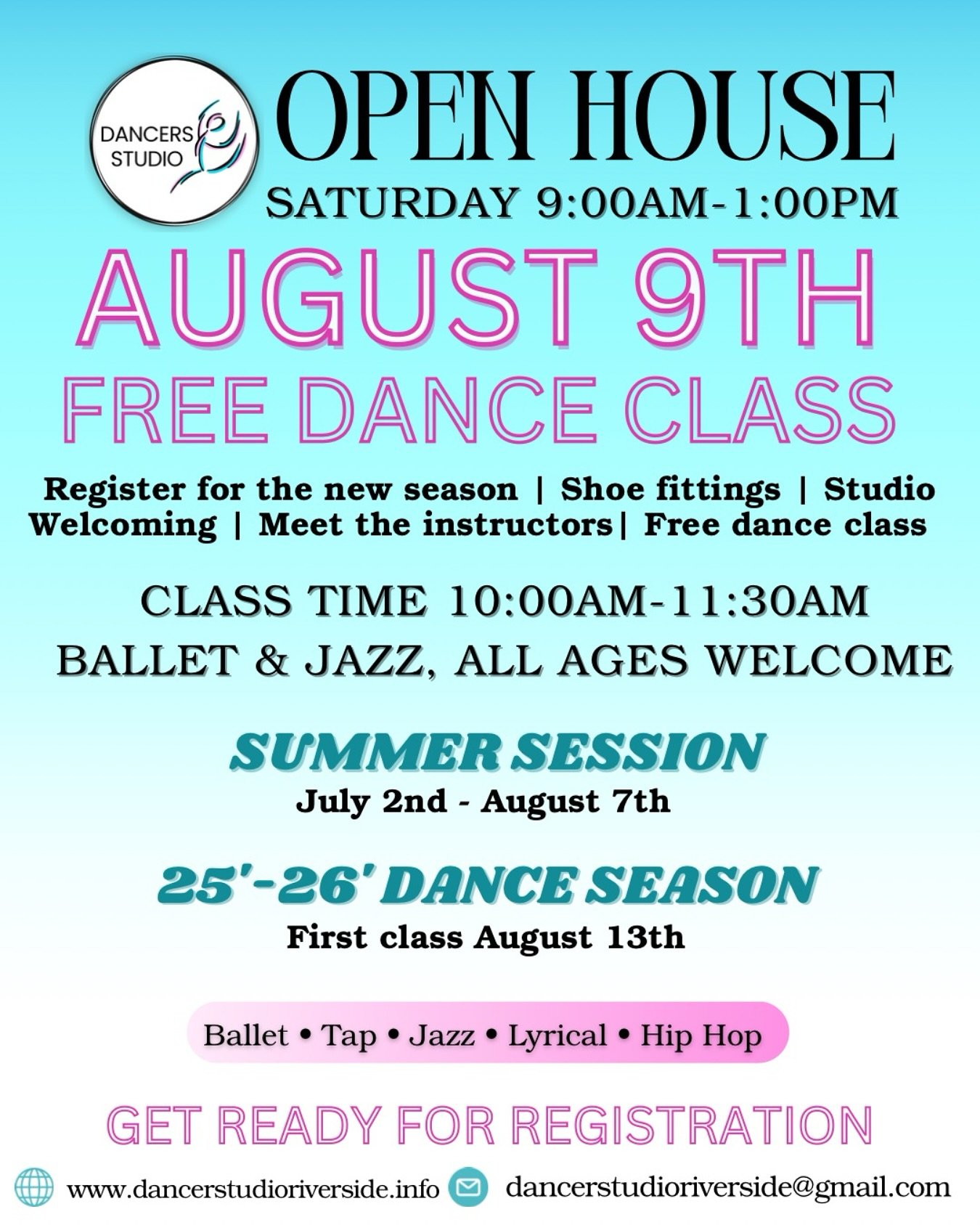 Join us for our Open House this Saturday, August 9th from 9:00 AM to 1:00 PM.🩷🩵

Take a free ballet and jazz class from 10:00 AM to 11:30 AM &ndash; all ages welcome.🩰✨

Come meet the instructors, get fitted for shoes, tour the studio, and registe