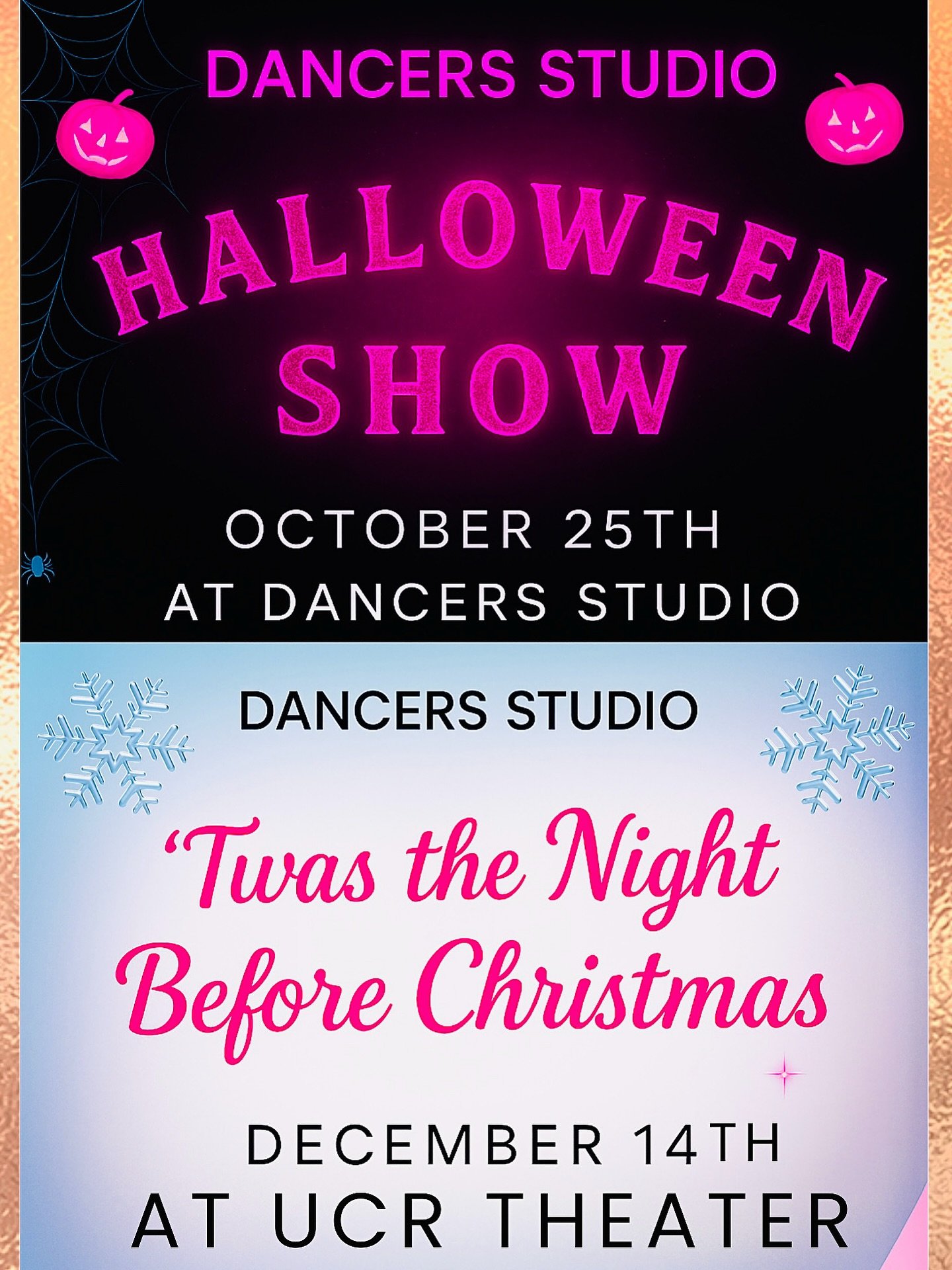 ✨ Save the Dates! ✨
Our 2025 Holiday Shows are coming up:

🕸️ Halloween Show &ndash; October 25th at Dancers Studio (Participation:Ages 7-18)

🎄 &lsquo;Twas the Night Before Christmas &ndash; December 14th at UCR Theater (Participation:Ages 5-18)

