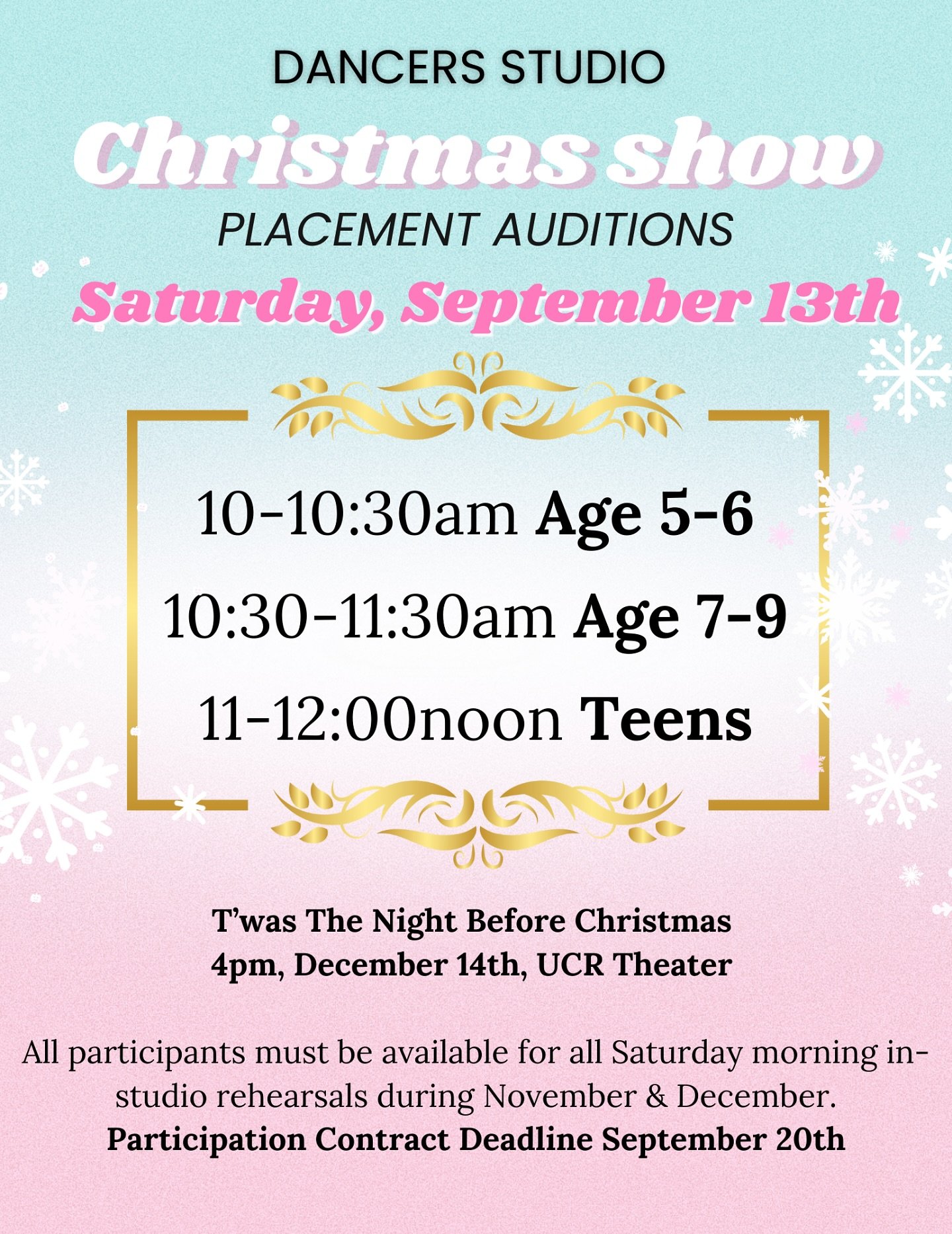 ✨🎄 Christmas Show Auditions today
Sat, Sept 13 at DANCERS
10&ndash;10:30am Ages 5&ndash;6
10:30&ndash;11:30am Ages 7&ndash;9
11&ndash;12pm Teens

T&rsquo;was The Night Before Christmas
📍 UCR Theater | Dec 14, 4pm

⭐ Contract Deadline: Sept 20

Don&