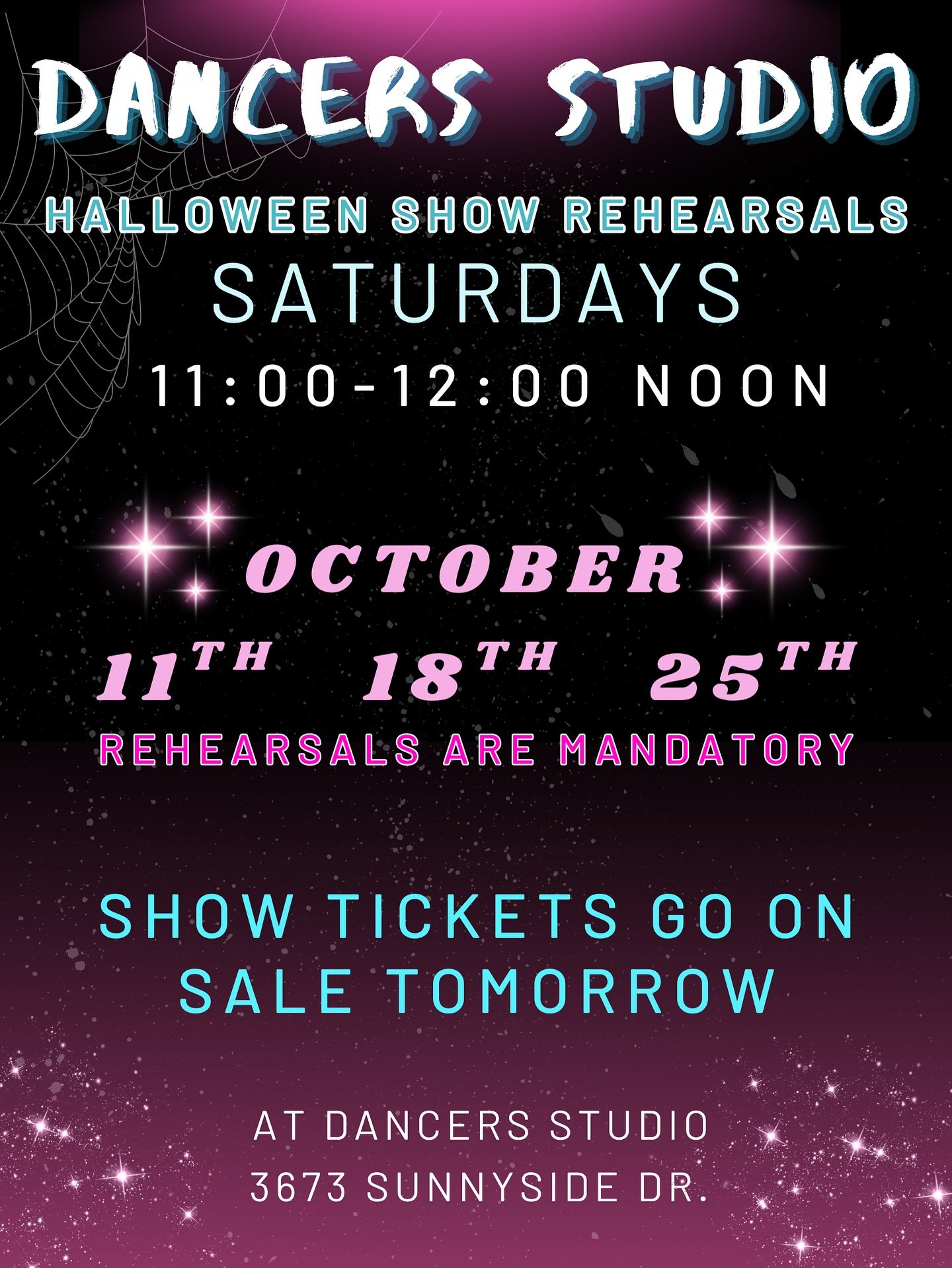 Halloween Show Rehearsals Start Tomorrow!
We can&rsquo;t wait to see all our dancers in rehearsal as we get ready for our spooktacular show. Please arrive on time, ready to dance👻🩰🩵