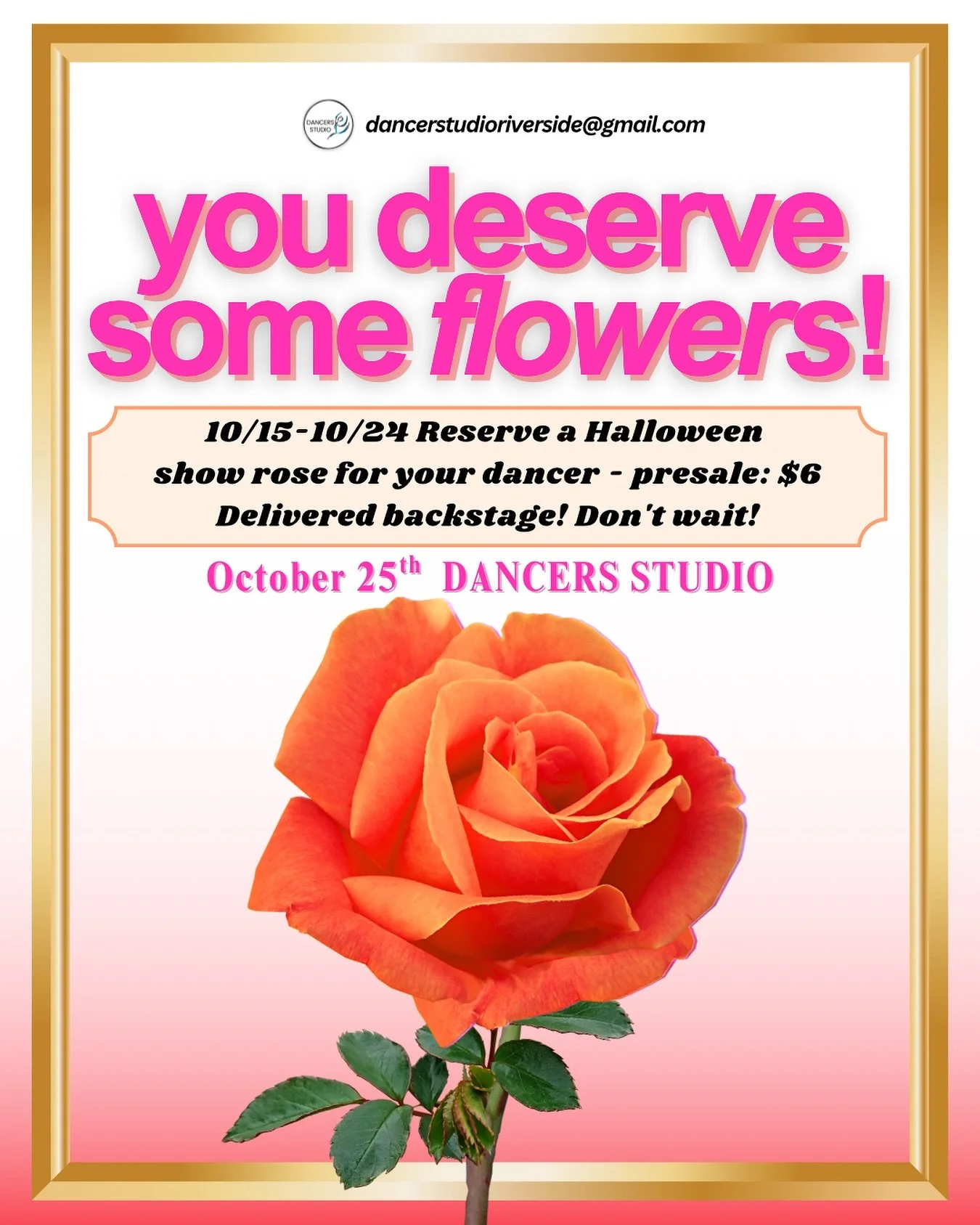 ✨ Preorder your Show Roses for your special Halloween performer! ✨

Surprise your Dancer or backstage bestie with a sweetly spooky rose, beautifully packaged and delivered with love on show day. 🏵️👻

🌙 Preorder is open 10/15 through 10/24 &mdash; 
