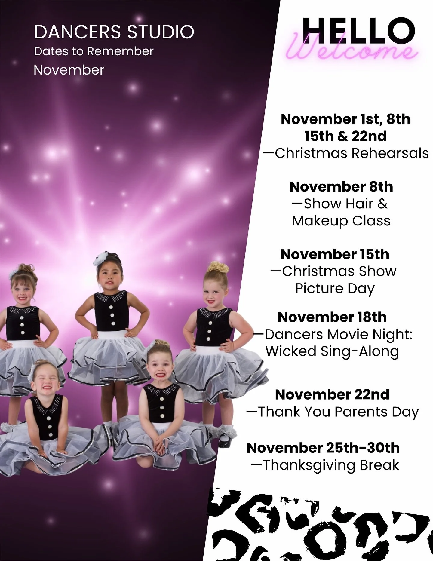 Hope everyone had a fantastic Halloween! Christmas Show Rehearsals start today. Save the dates, we are ready for November! 🦃🩷🍂