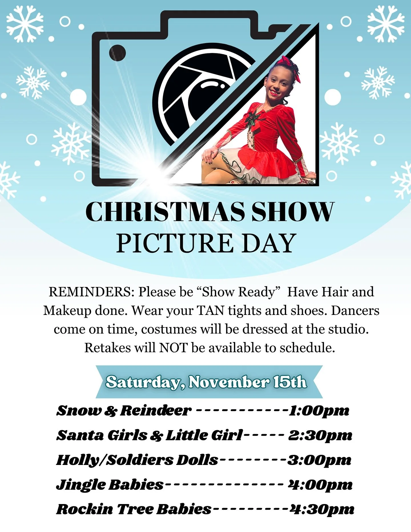 ✨🎄🩰Christmas Show Picture Day! This Saturday, November 15th &mdash; let&rsquo;s capture those magical holiday memories! ❄️☃️

📲 To register and access your photos:
Text access code Dancers25w to 90738

1:00 PM &mdash; Snow &amp; Reindeer 
2:30 PM 