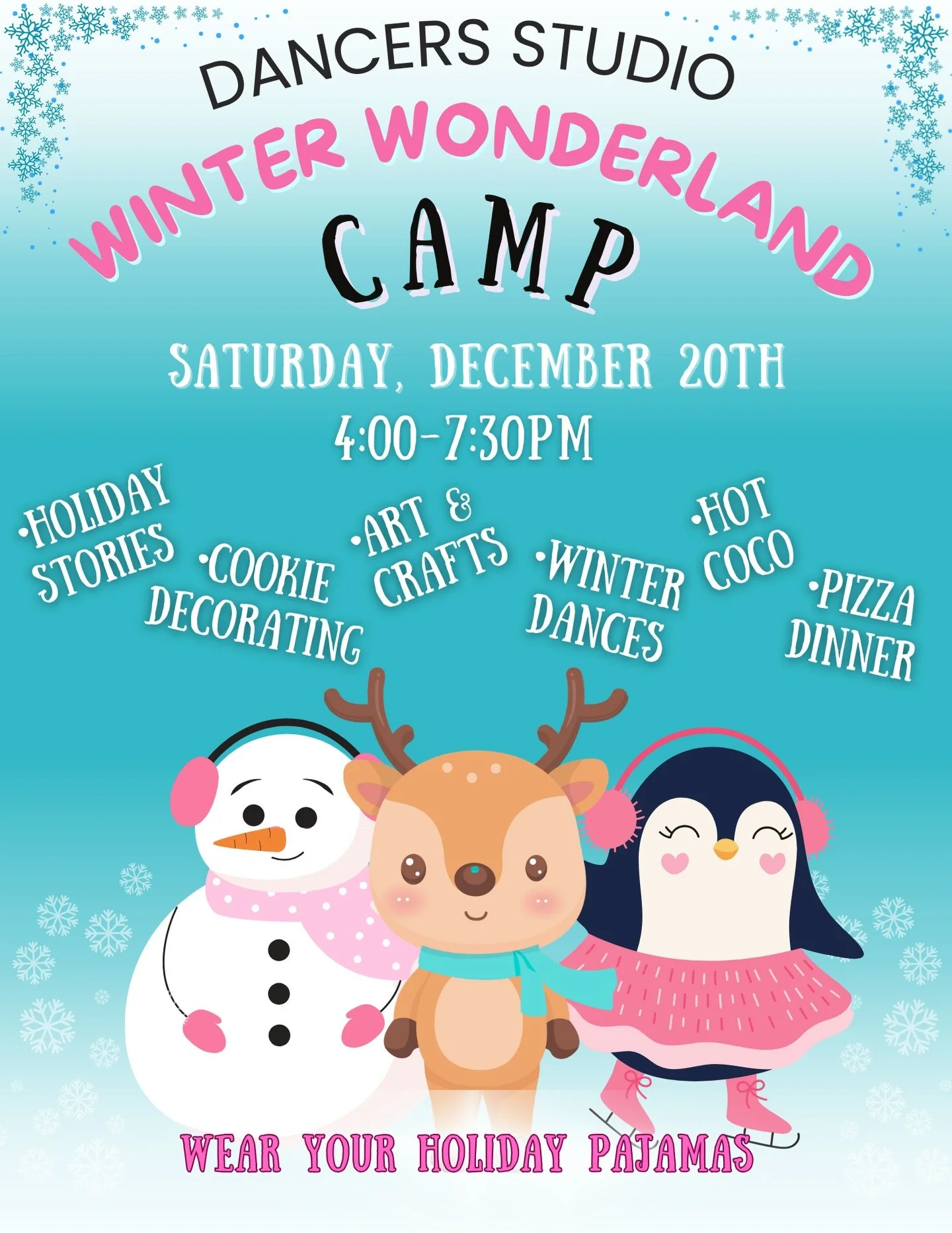 Winter Wonderland Dance Camp is back!
Join us on Saturday, December 20th from 4:00&ndash;7:30pm for an evening full of holiday magic.
Dancers will enjoy holiday stories, cookie decorating, arts &amp; crafts, winter dances, hot cocoa, and a cozy pizza