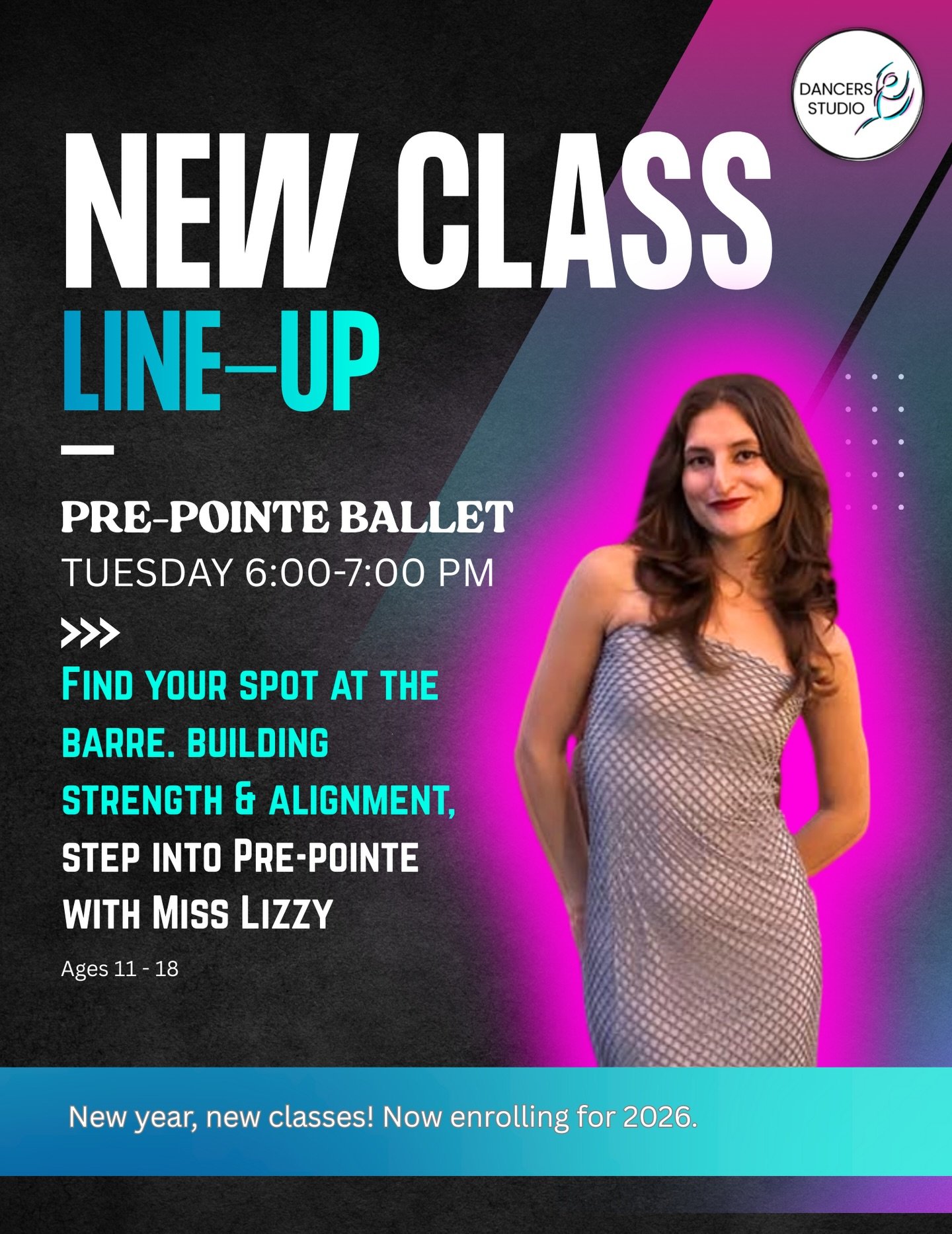 🩷PRE-POINTE BALLET
🩵Tuesdays | 6:00&ndash;7:00 PM

✨NEW CLASS ALERT 2026

Build strength, alignment, and confidence at the barre! This pre-pointe class focuses on proper technique, control, and readiness to prepare dancers for the transition to poi