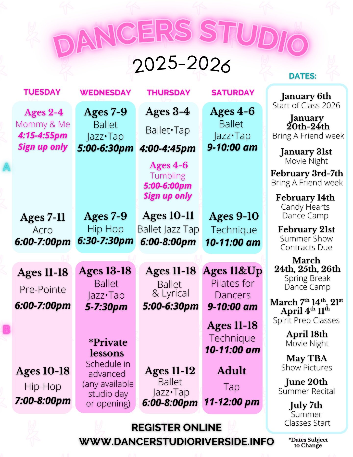 2026 SCHEDULE IS HERE &mdash; DON&rsquo;T MISS OUT!🩷🩵

Register online and secure your spot for an exciting new dance year. We&rsquo;re kicking off 2026 with brand-new classes, fresh schedules, and exciting events ahead.

Classes begin January 6th✨