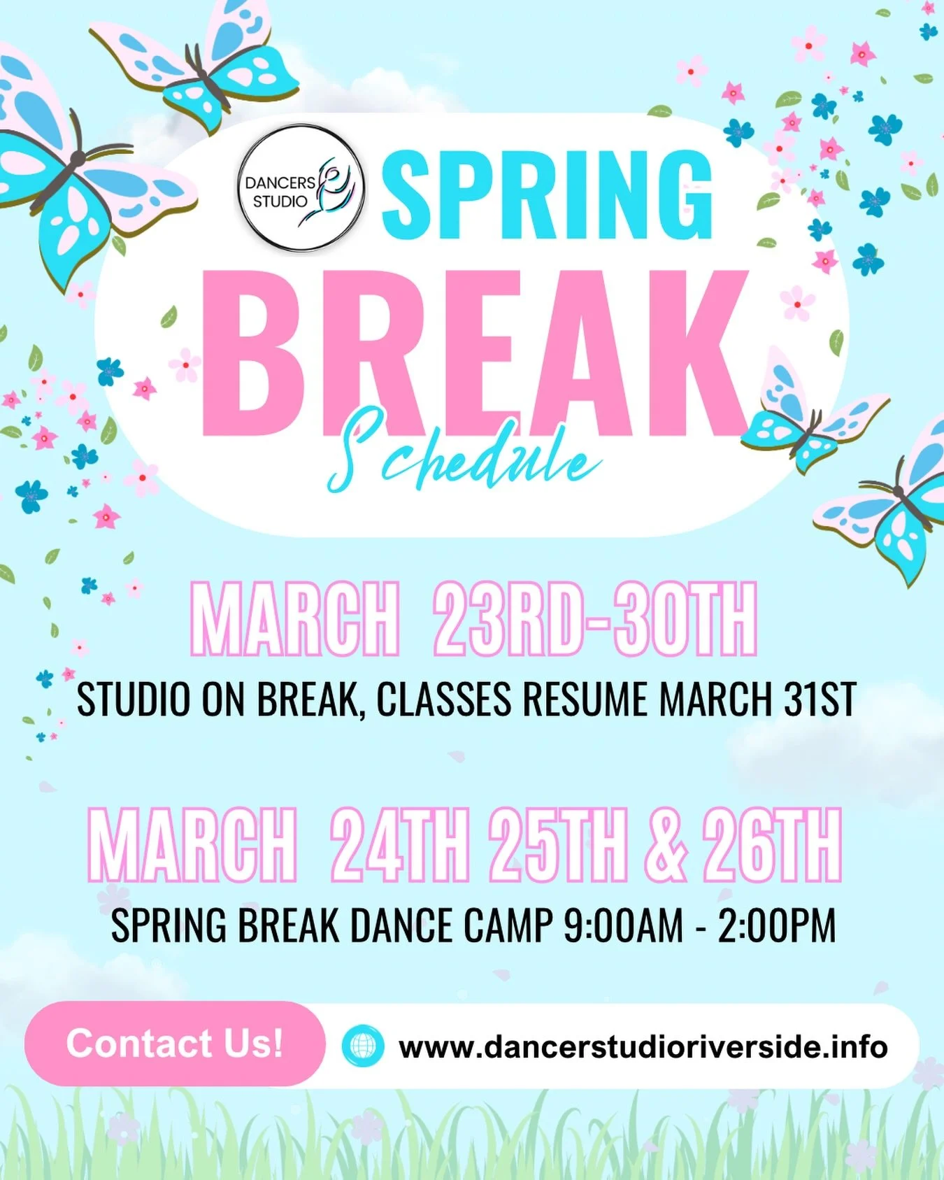 Spring Break is almost here!☀️🩵

The studio will be closed March 23&ndash;30th but we&rsquo;re still dancing. Join us for our Spring Break Dance Camp Tuesday, Wednesday &amp; Thursday!
Classes resume March 31st!🩰🌼