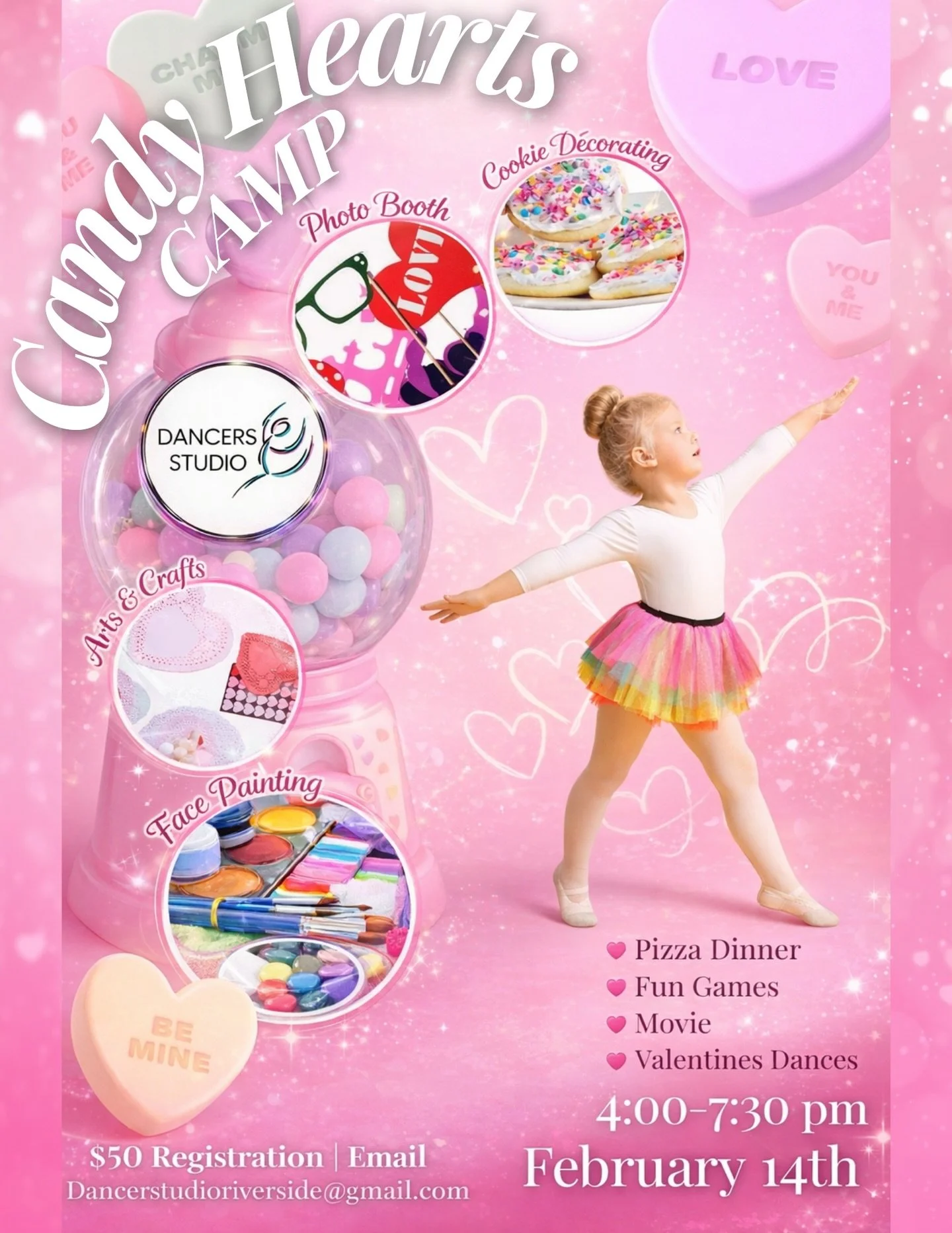 Candy Hearts Camp is back! 💖
The sweetest Valentine&rsquo;s celebration&mdash;an evening full of dancing, crafts, cookie decorating, face painting, fun games, a movie, and pizza dinner 🍕🍪

📅 February 14th
⏰ 4:00&ndash;7:30 PM
💖 $50 for studio st