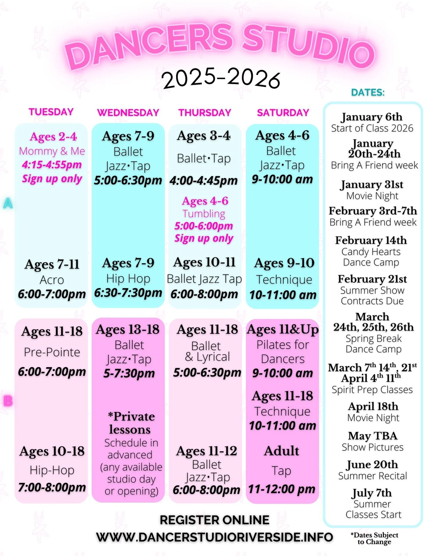 2026 SCHEDULE IS HERE &mdash; DON&rsquo;T MISS OUT!🩷🩵

Register online and secure your spot for an exciting new dance year. We&rsquo;re kicking off 2026 with brand-new classes, fresh schedules, and exciting events ahead.

Classes begin January 6th✨