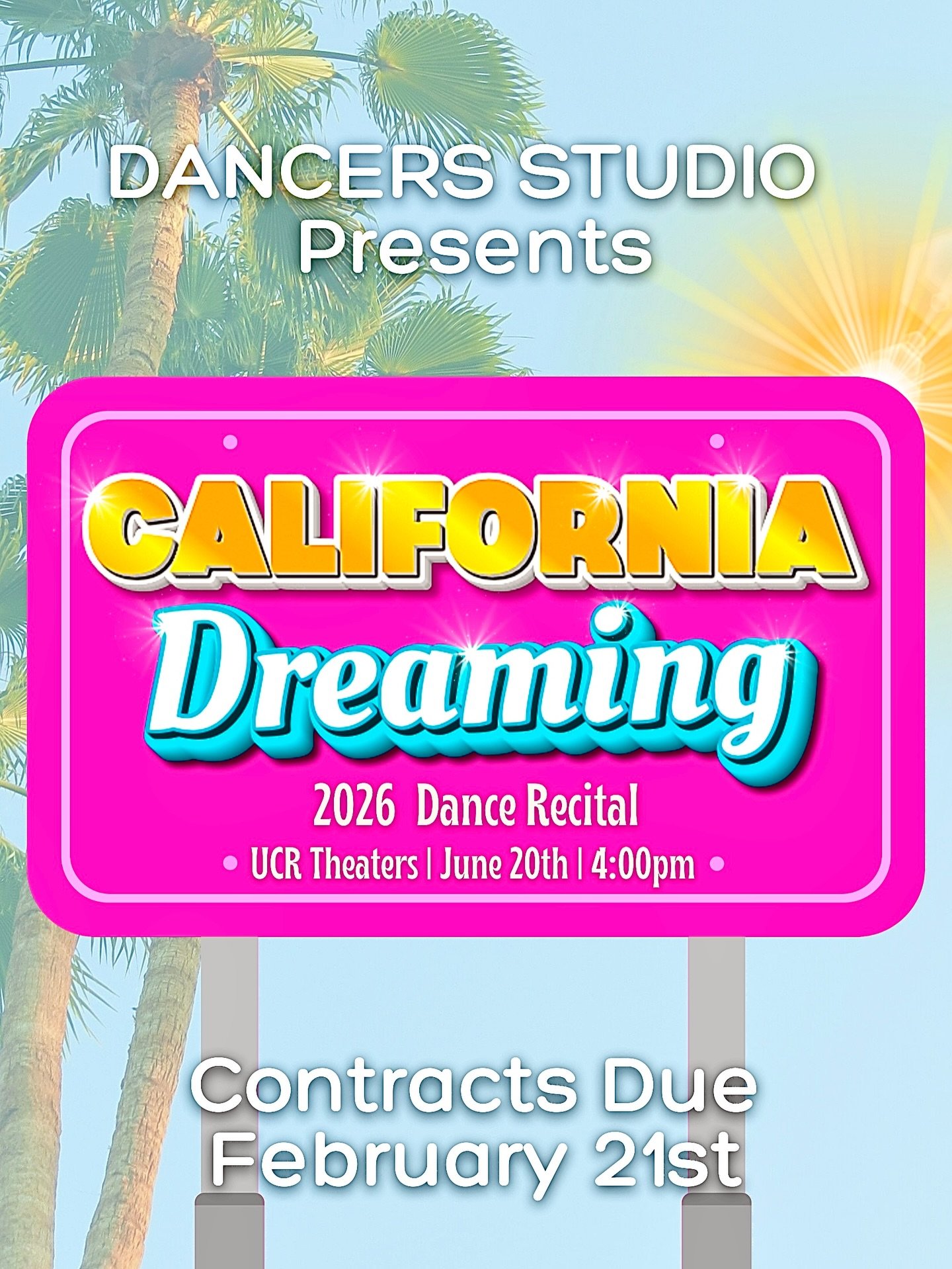 IT&rsquo;S OFFICIALLY HERE!!!! DANCERS STUDIO PRESENTS&hellip;

CALIFORNIA DREAMING 2026 RECITAL💖🌴✨

Our dancers are bringing the heat, the heart, and the California magic to the stage and we cannot WAIT! 

🩷UCR Theaters
🩵June 20th | 4:00 PM

Mar