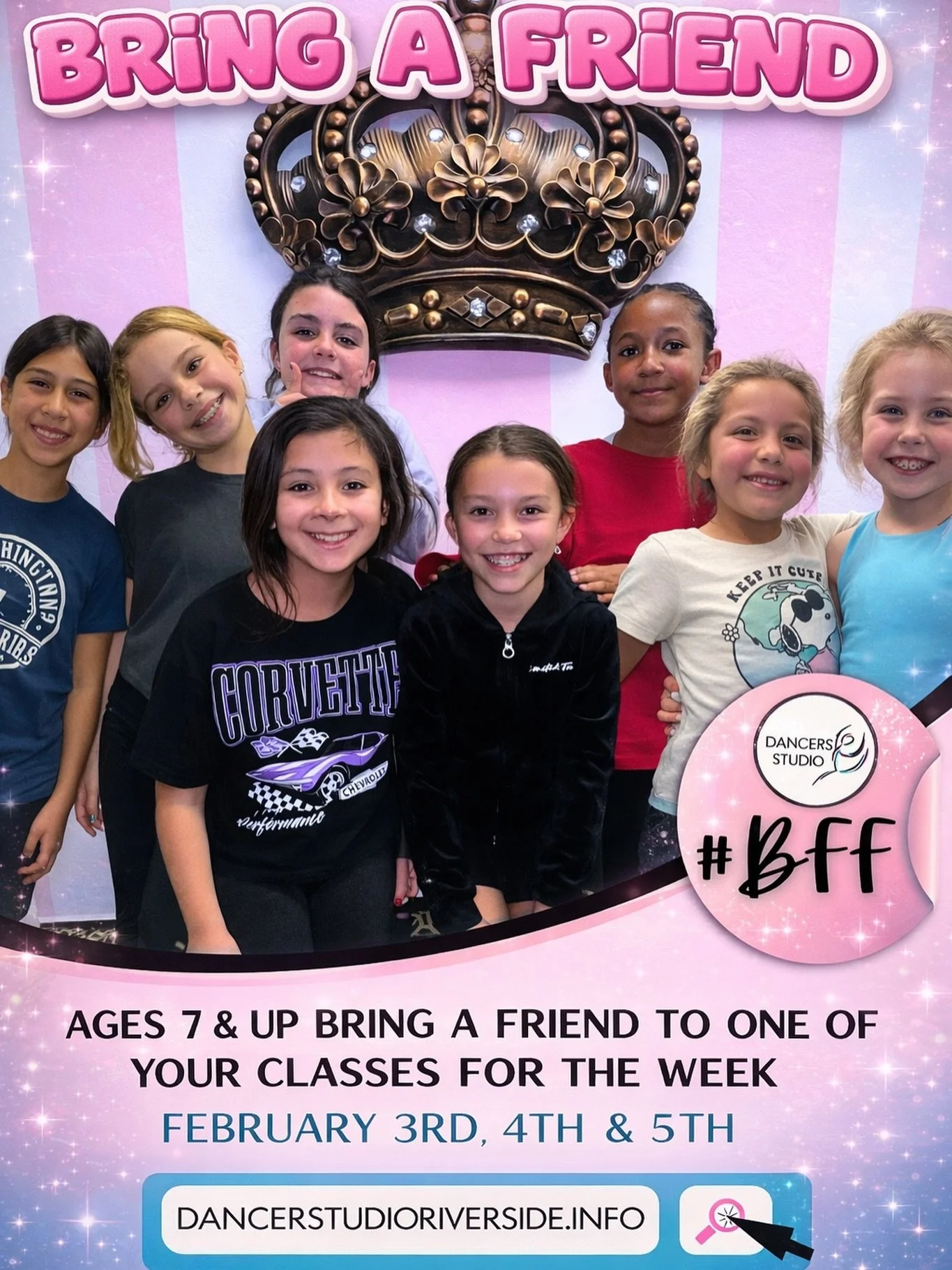 Bring-A-Friend Week at Dancers Studio Riverside.
Dancers ages 7 and up are welcome to invite a friend to attend one class during the week.💕

February 3rd, 4th, and 5th 👯&zwj;♀️✨
Spots available in select classes.🩰
