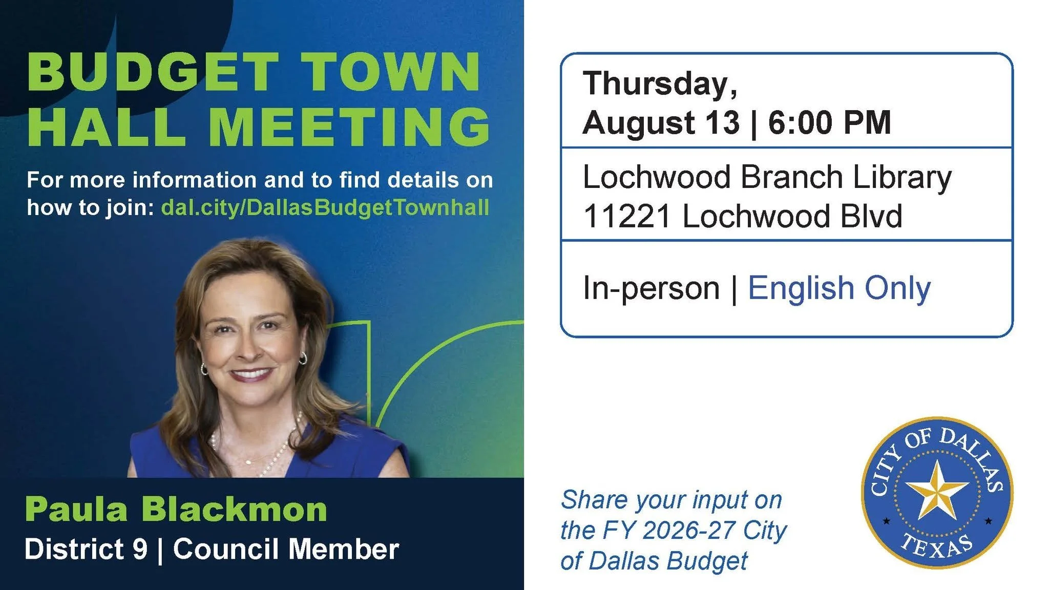 Dallas City Council District 9 Budget Town Hall Meeting