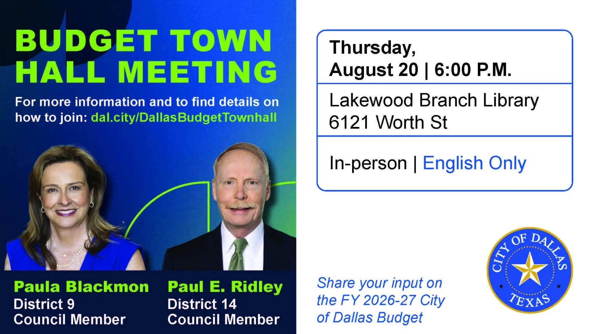 Dallas City Council District 9 & District 13 Budget Town Hall Meeting