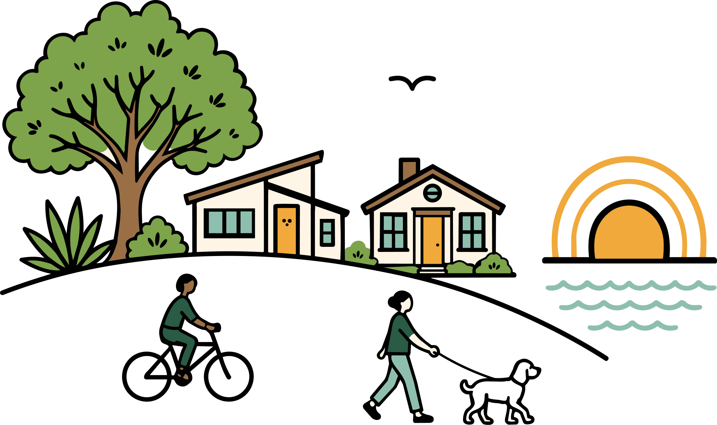 Illustration of Little Forest Hills: homes under a large tree, a neighbor riding a bike, and another walking a dog beside White Rock Lake at sunset