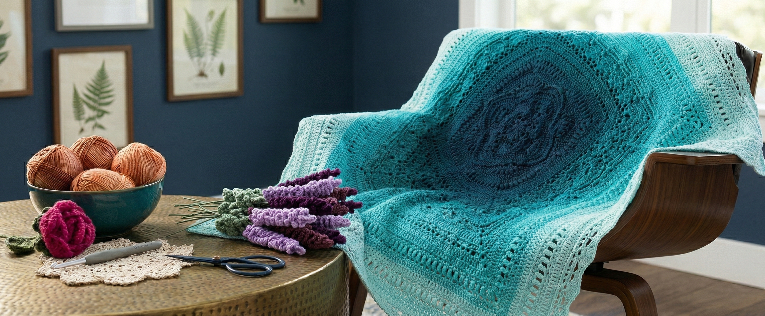 Handmade crochet and knit treasures by Fettig Fibers featuring a cozy, textured aesthetic perfect for home decor and unique gifts.