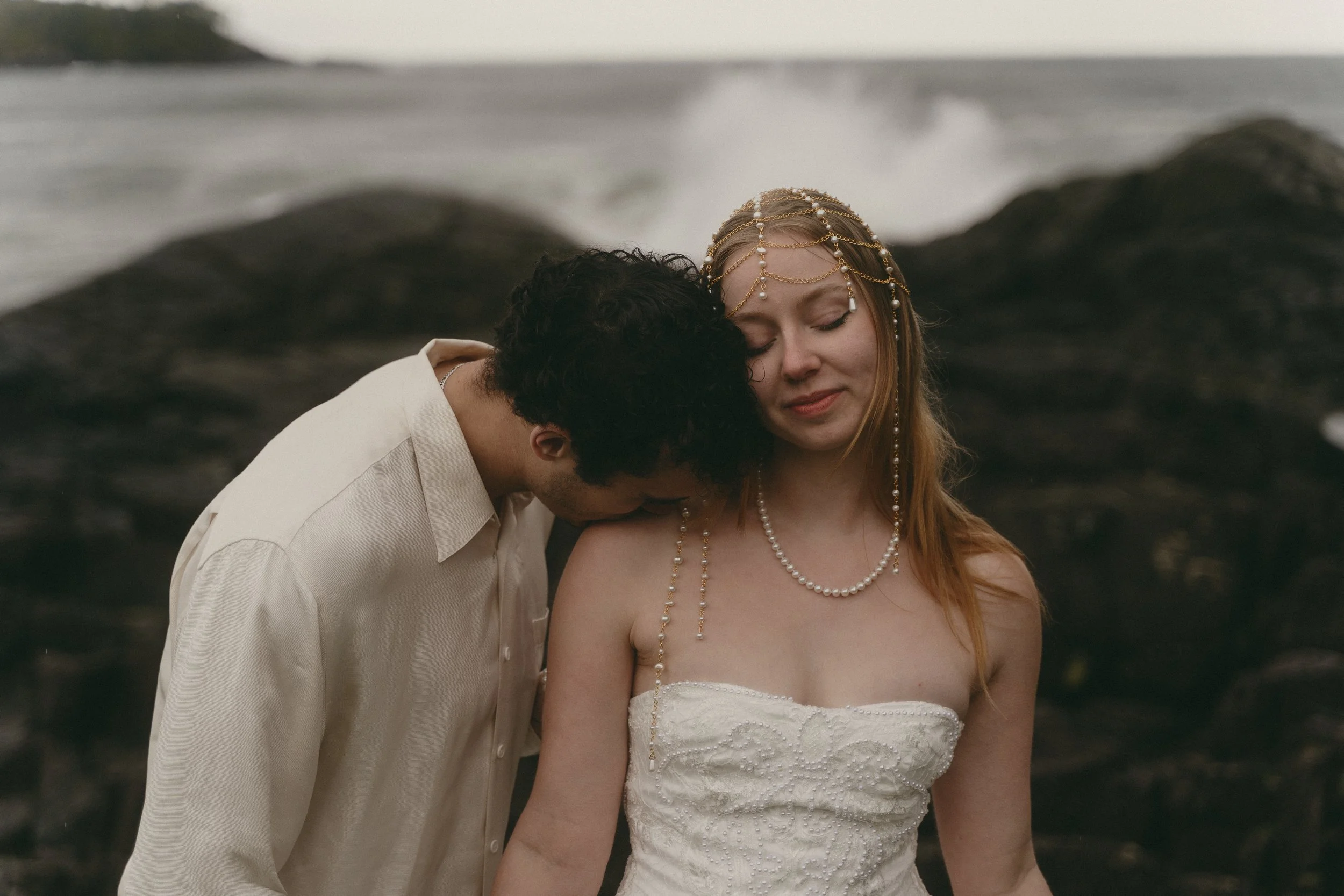 couples rainy moody elopement in Tofino BC