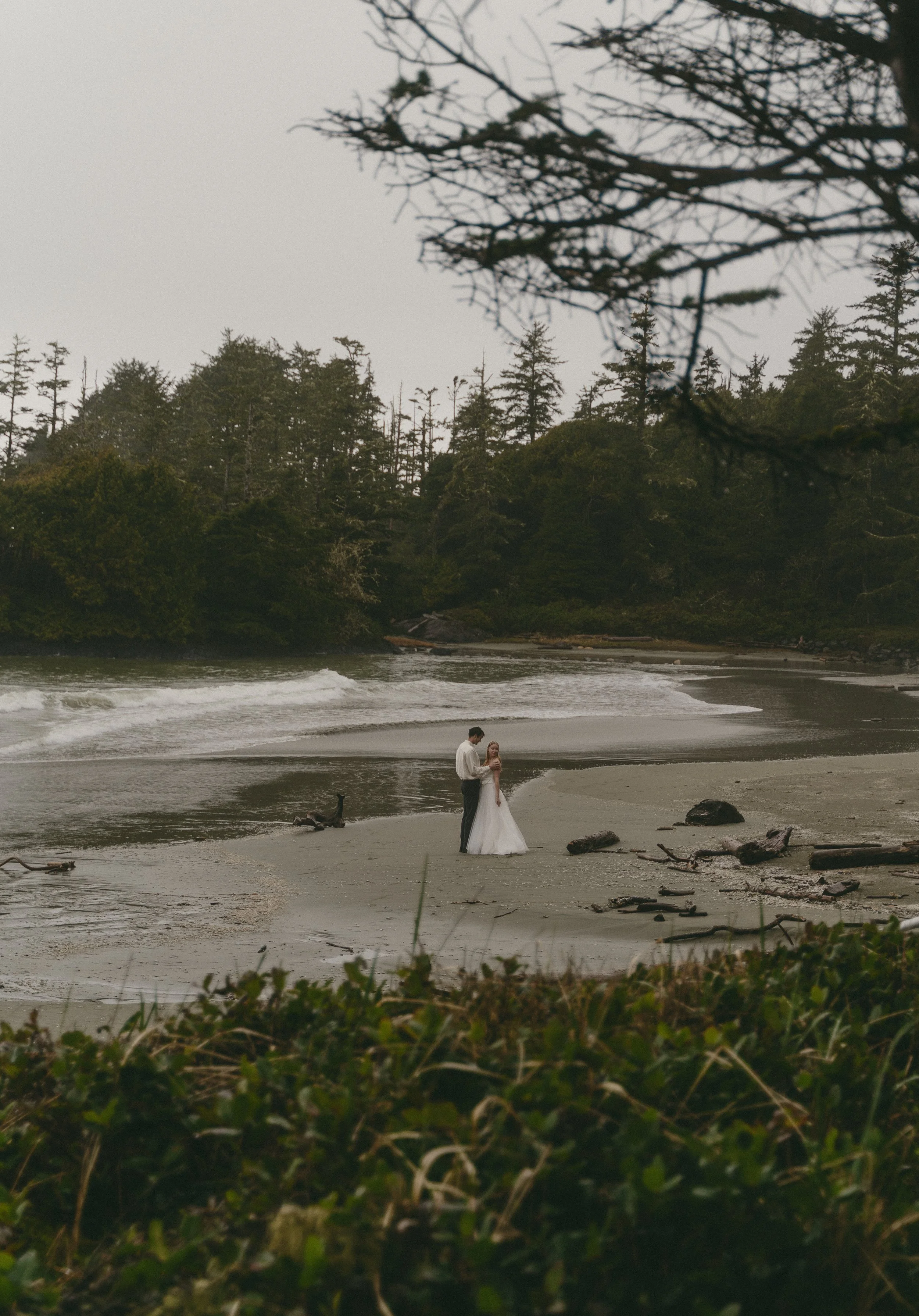 couples rainy moody elopement in Tofino BC