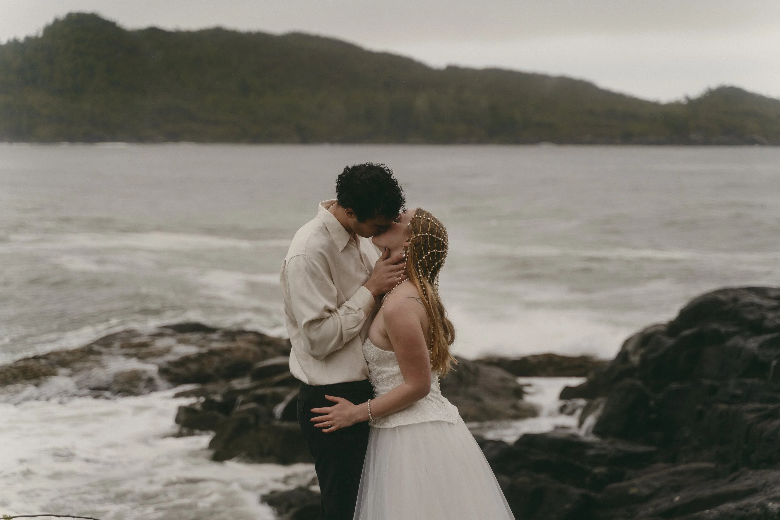 couples rainy moody elopement in Tofino BC