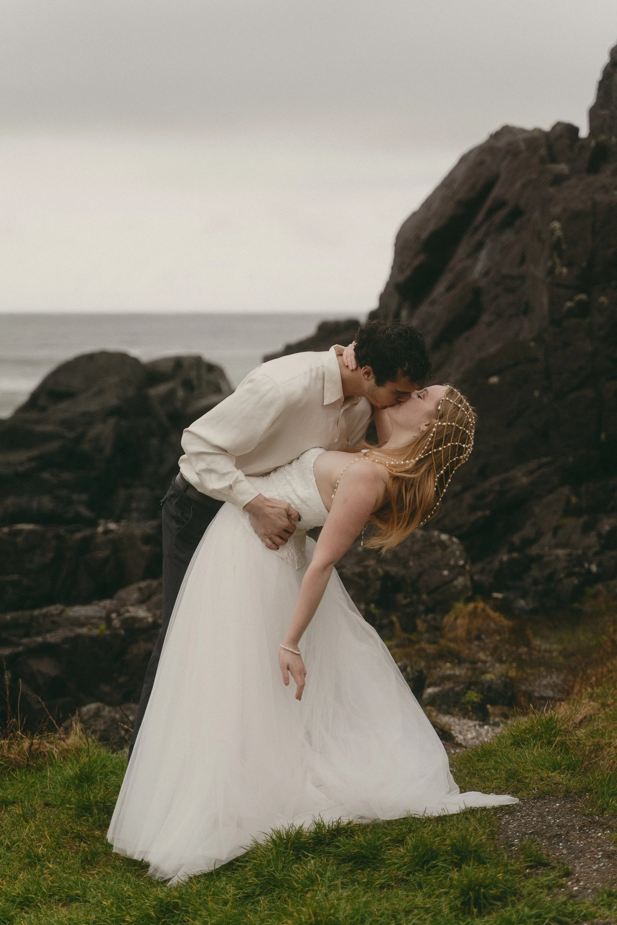 couples rainy moody elopement in Tofino BC