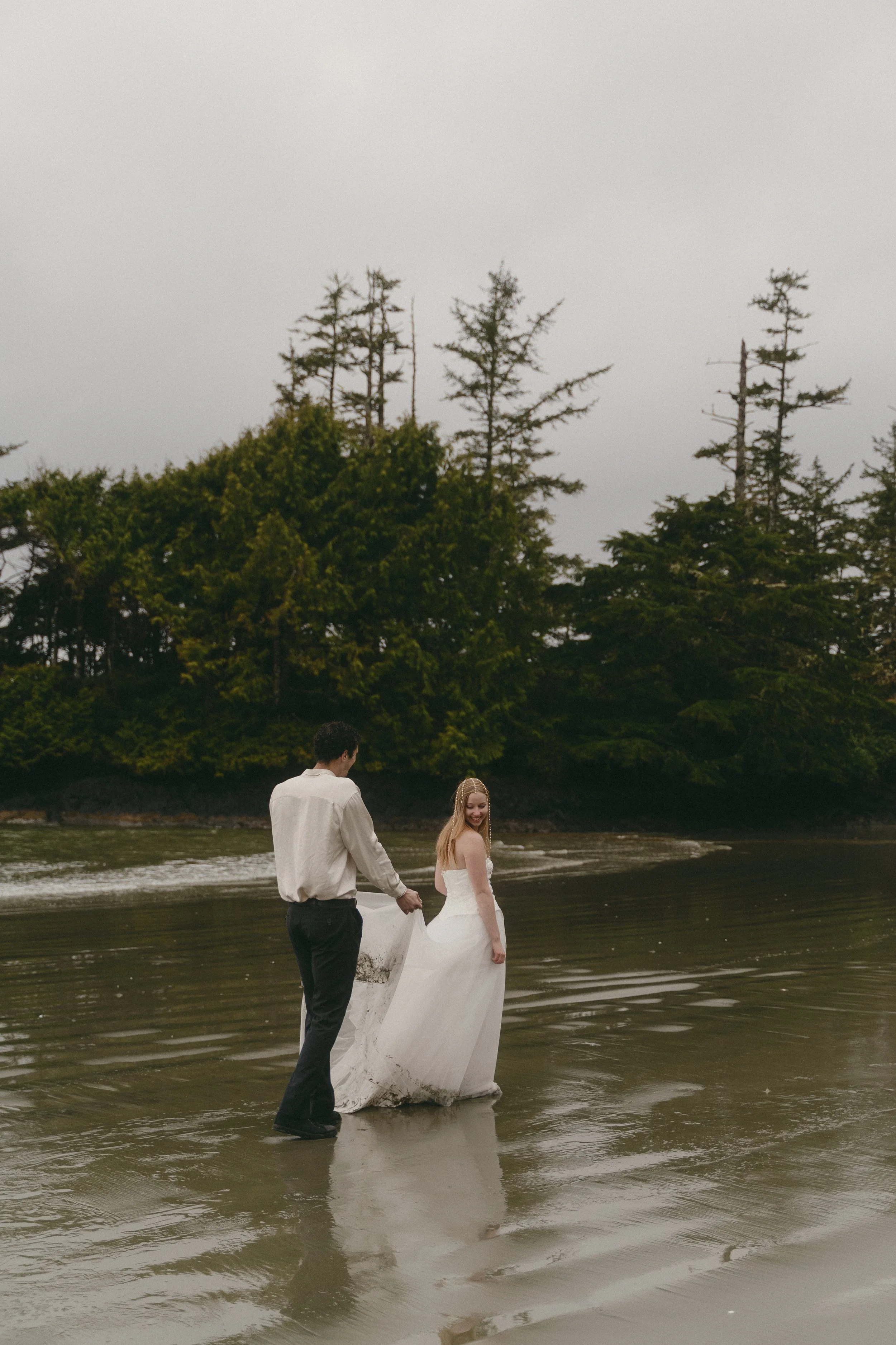 couples rainy moody elopement in Tofino BC